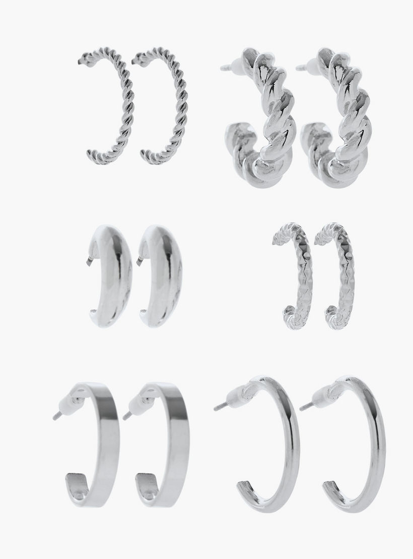 حلقان طوق بلون فضي ومكبس إغلاق - عبوة 6 قطع-women-watchesandjewellery-jewellery-earrings-image-1