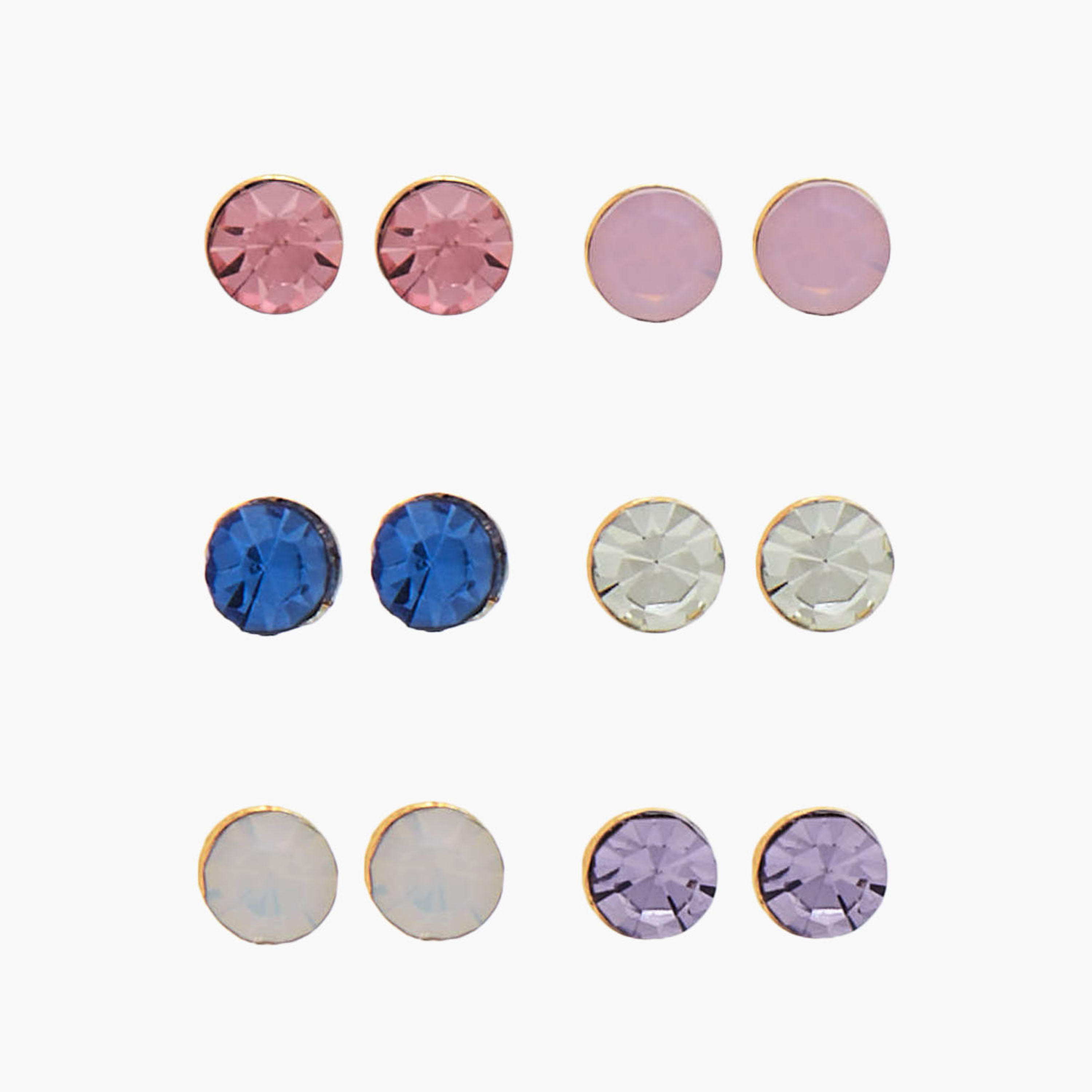 حلقان دبوس بلون ذهبي وزينة أحجار ومكبس إغلاق - عبوة 6 قطع-women-watchesandjewellery-jewellery-earrings-image-1