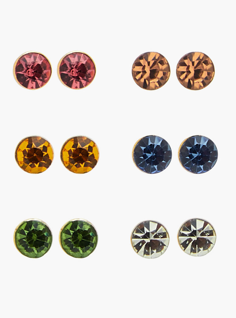 Pack of 6 Gold Tone Stone Embellished Stud Earrings with Pushback Closure-women-watchesandjewellery-jewellery-earrings-image-1