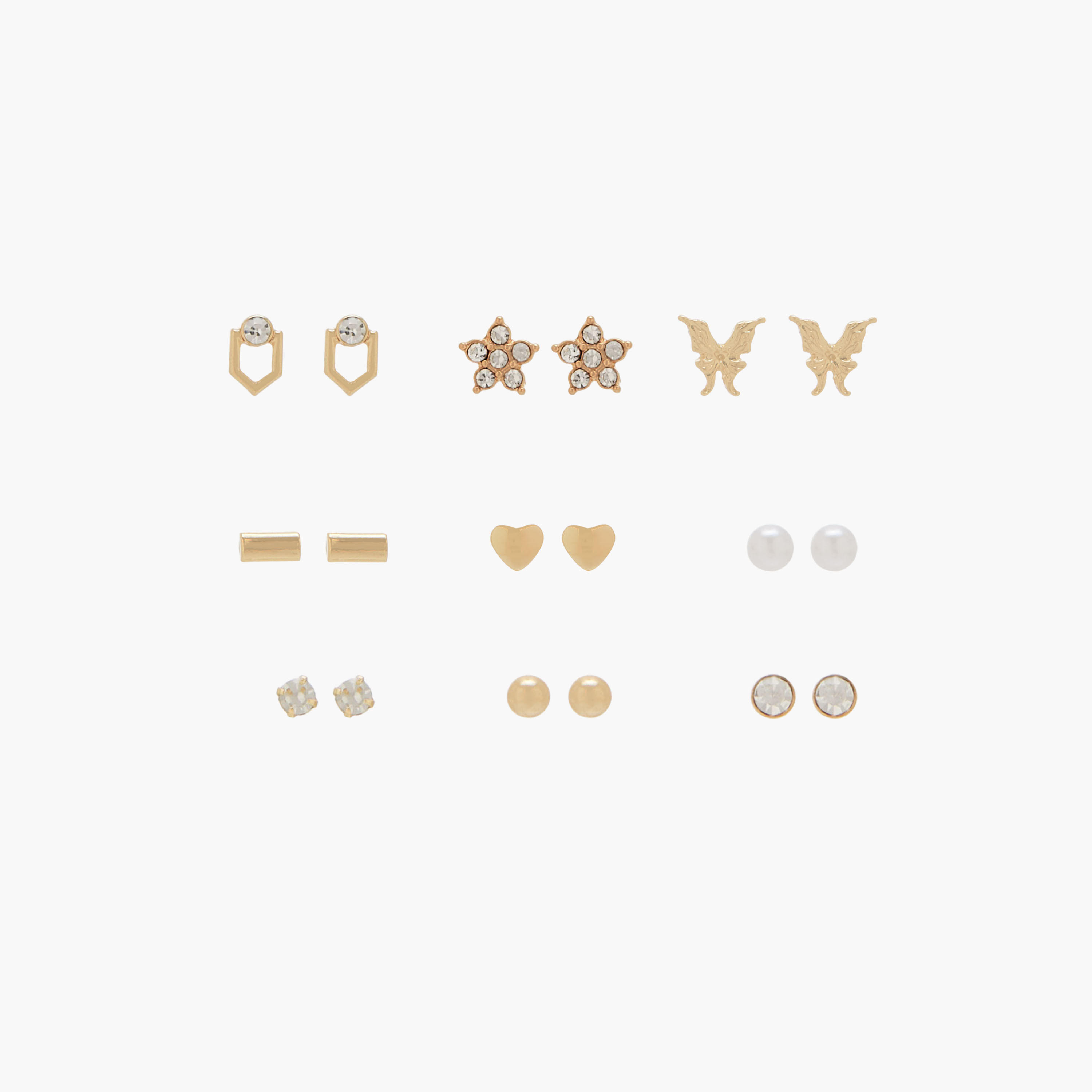 Pack of 9 Gold Tone Stud Earrings with Pushback Closure-women-watchesandjewellery-jewellery-earrings-image-1