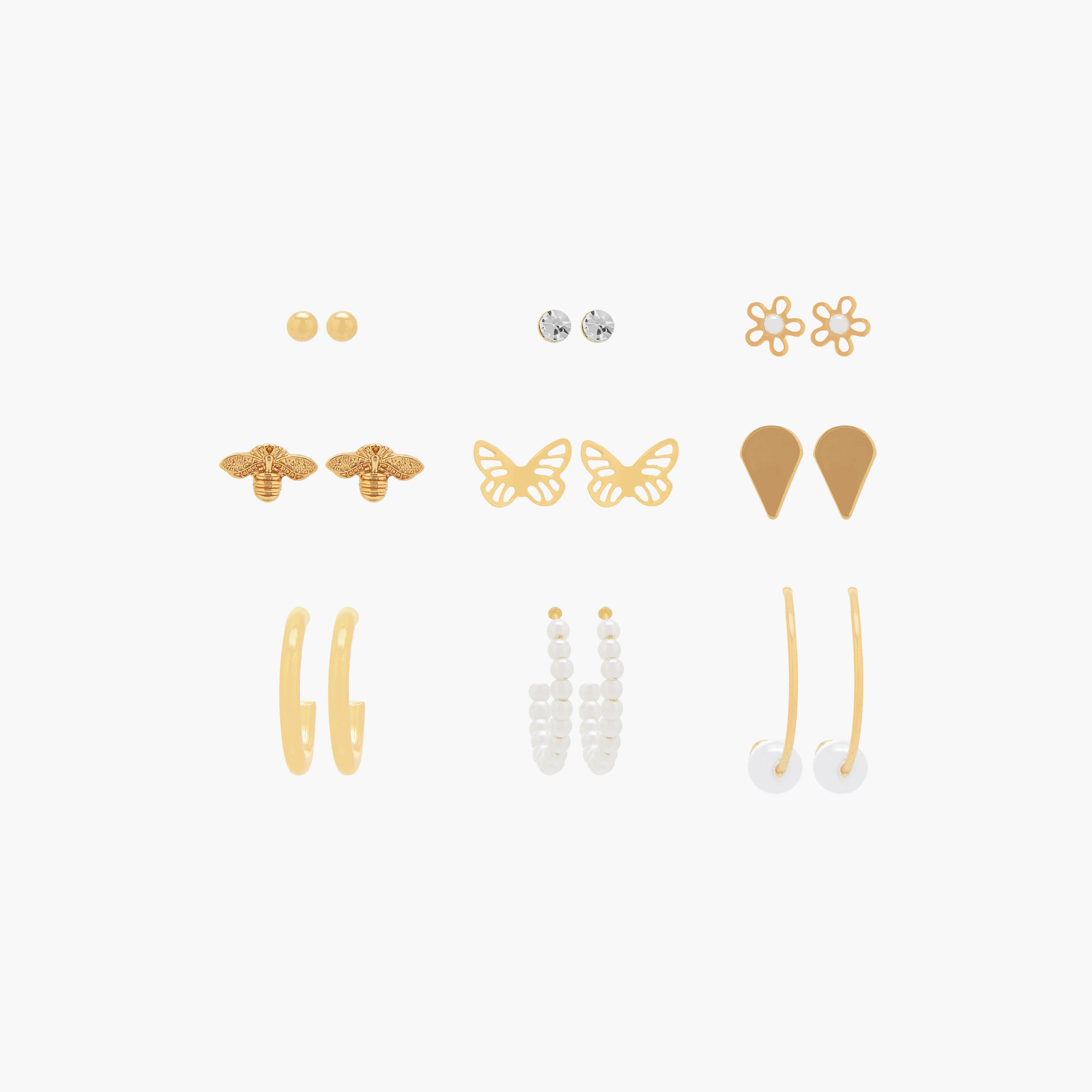 طقم حلق ذهبي اللون مع مكبس إغلاق خلفي – 9 قطع-women-watchesandjewellery-jewellery-earrings-image-1