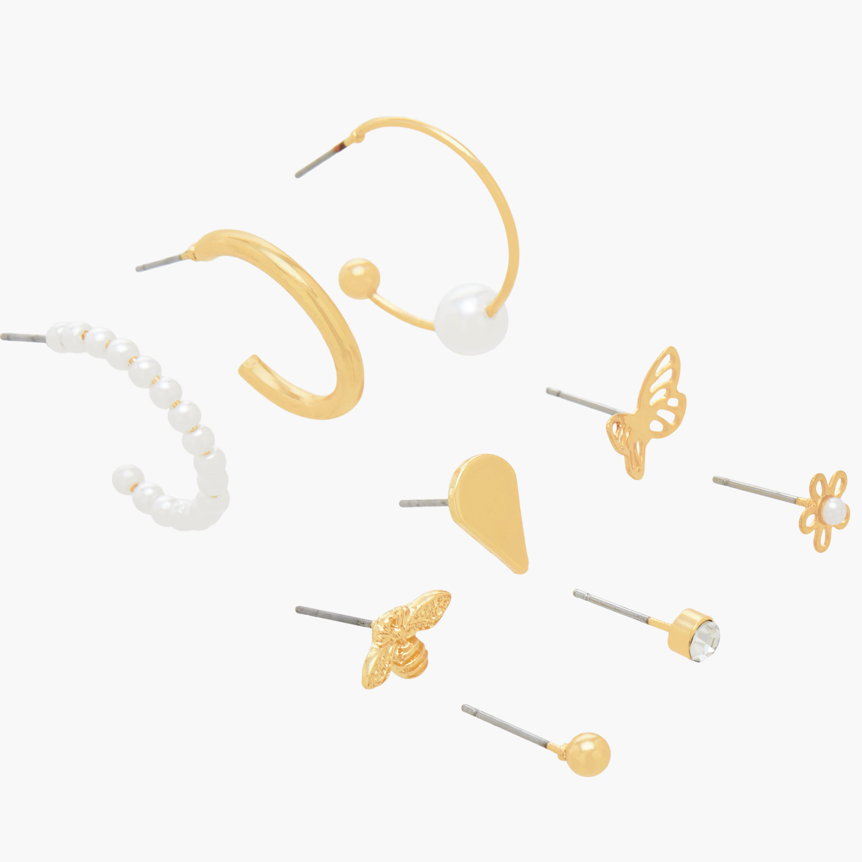 طقم حلق ذهبي اللون مع مكبس إغلاق خلفي – 9 قطع-women-watchesandjewellery-jewellery-earrings-image-3
