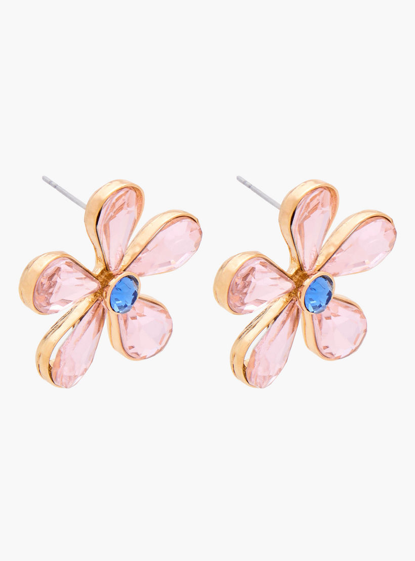 Gold Tone Floral Stone Embellished Stud Earrings with Pushback Closure-women-watchesandjewellery-jewellery-earrings-image-2