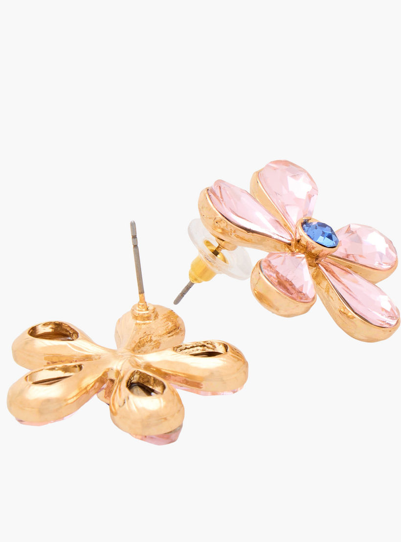 Gold Tone Floral Stone Embellished Stud Earrings with Pushback Closure-women-watchesandjewellery-jewellery-earrings-image-3
