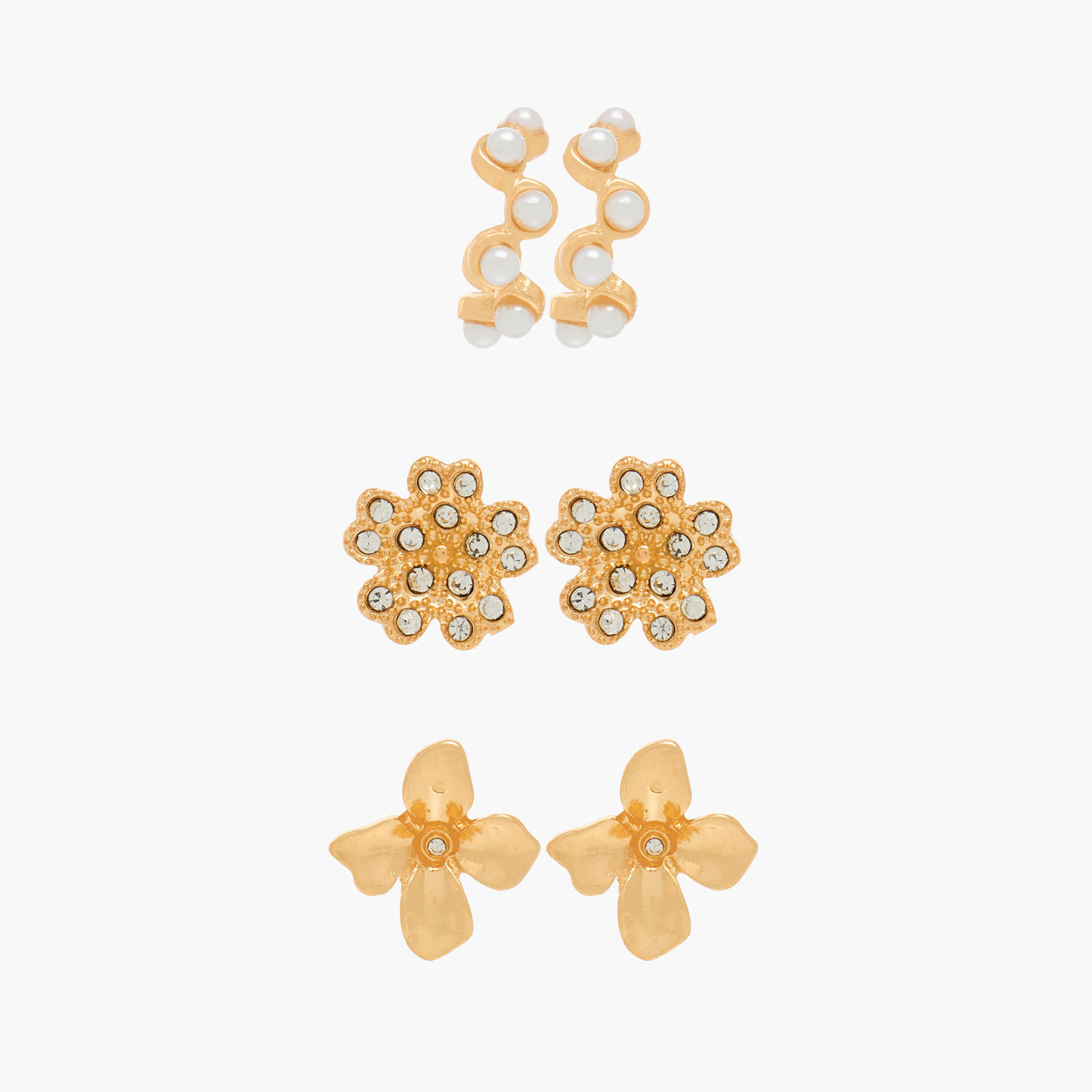 طقم حلق مرصّع بلون ذهبي بتفاصيل مزينة مع مكبس إغلاق خلفي 3 قطع-women-watchesandjewellery-jewellery-earrings-image-1