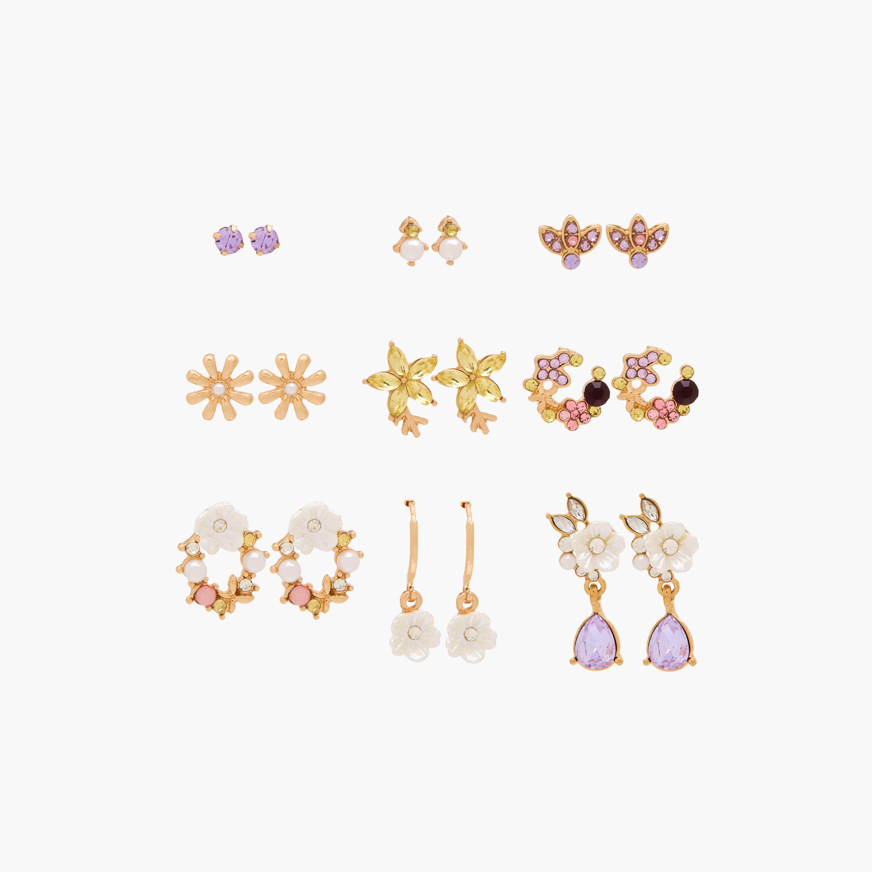 Pack of 9 Gold Tone Stone Embellished Earrings with Pushback Closure-women-watchesandjewellery-jewellery-earrings-image-1