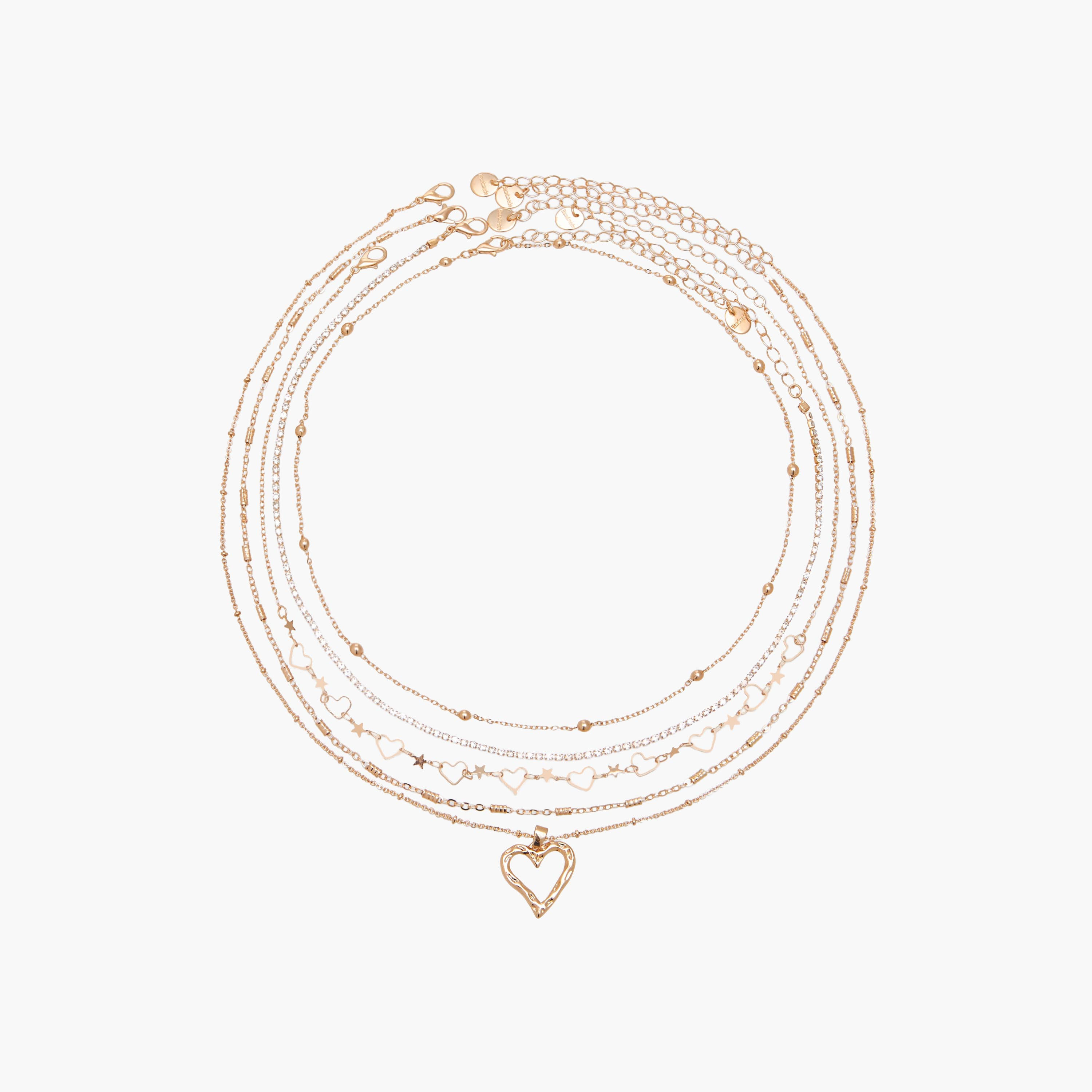 Set of 5 - Gold Tone Necklace with Heart Embellished Design-women-watchesandjewellery-jewellery-necklacesandpendants-image-1