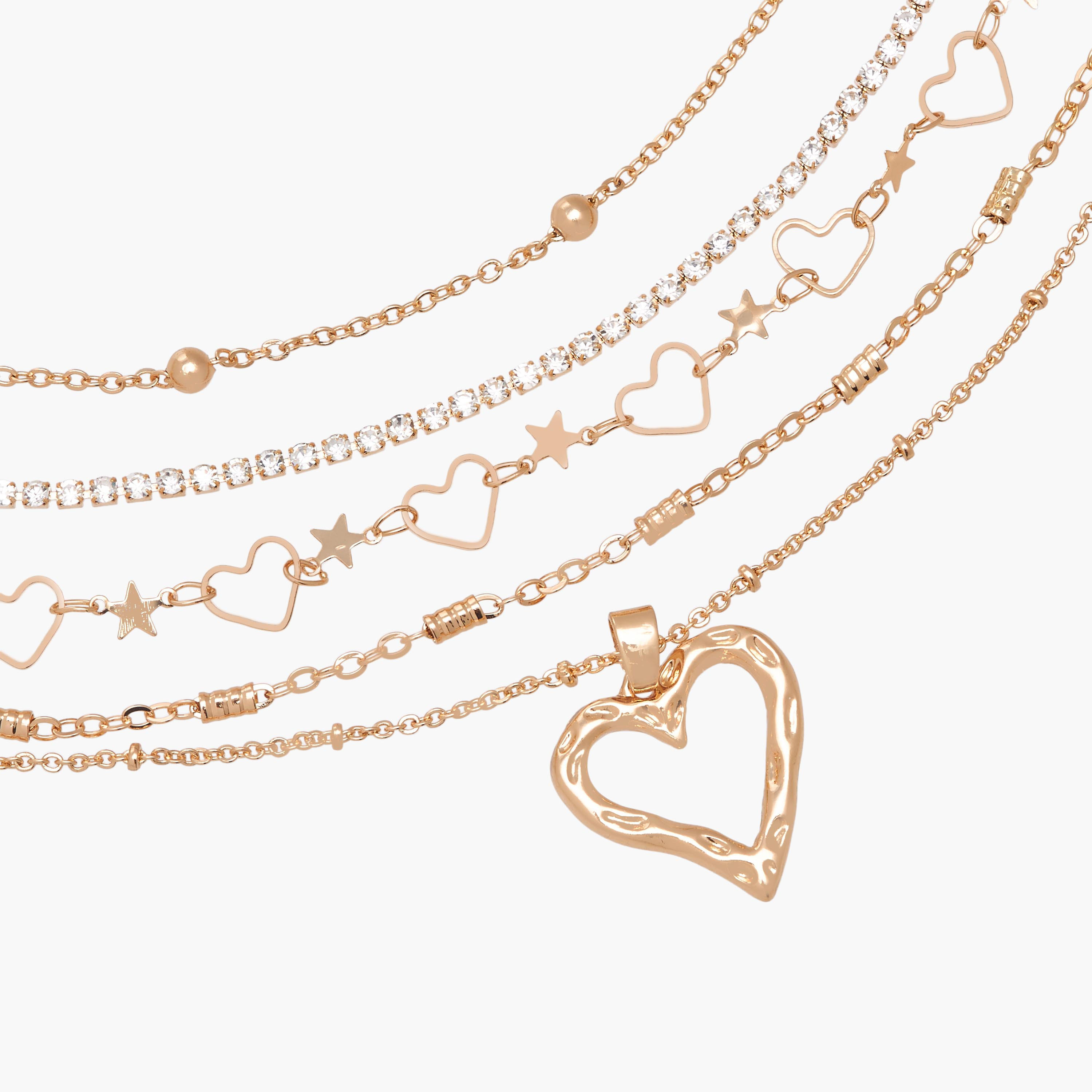 Set of 5 - Gold Tone Necklace with Heart Embellished Design-women-watchesandjewellery-jewellery-necklacesandpendants-image-7