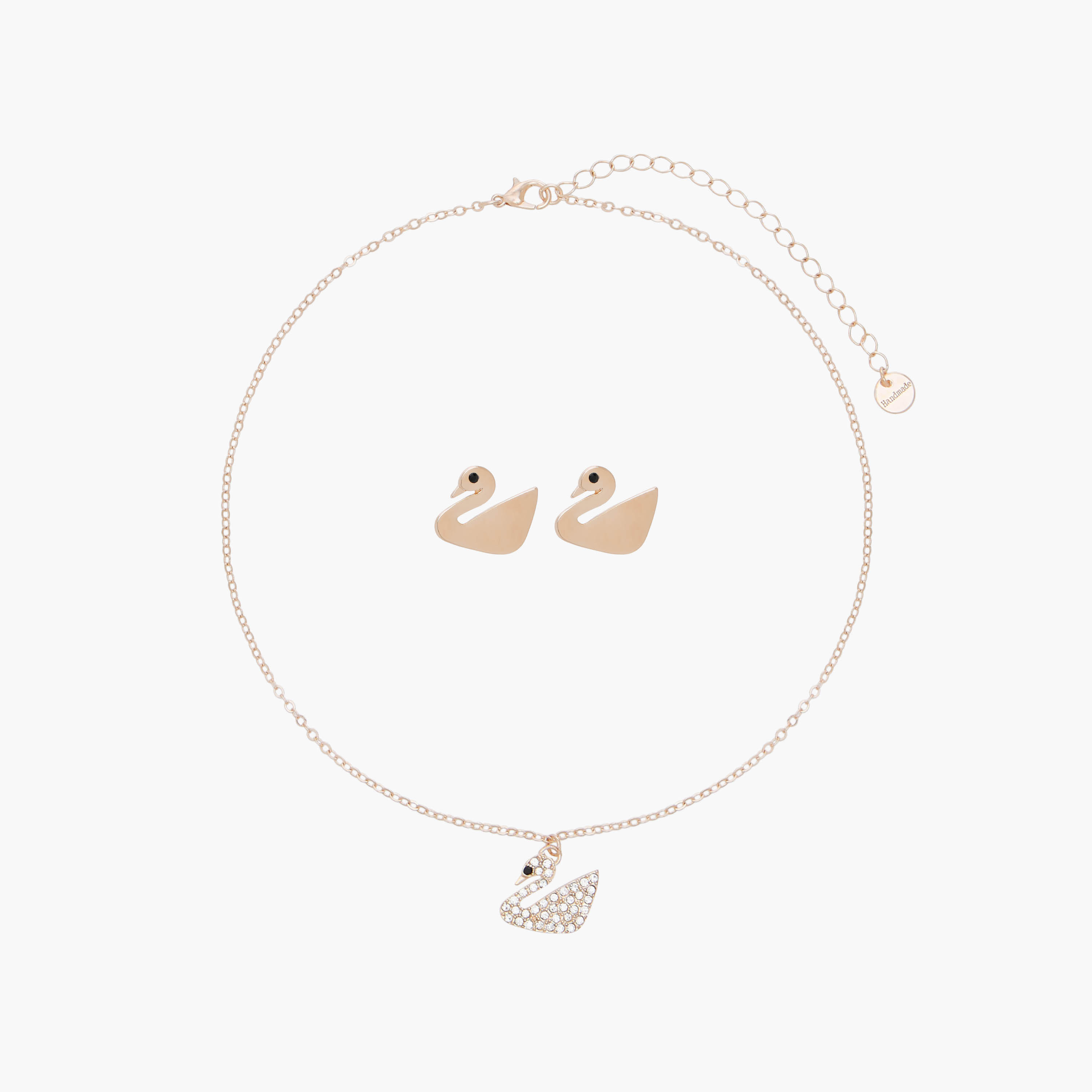 Set of 2 - Metal Stone Embellished Swan Pendant Necklace and Earrings-women-watchesandjewellery-jewellery-jewellerysets-image-1