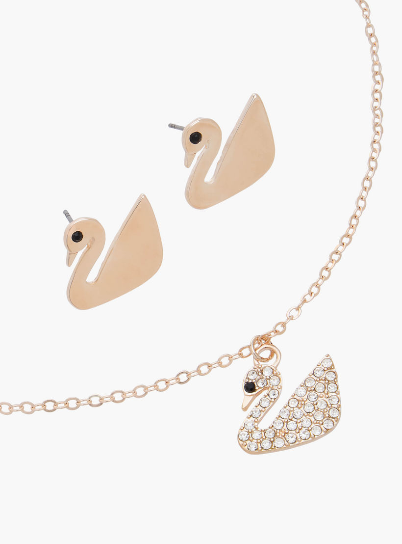 Set of 2 - Metal Stone Embellished Swan Pendant Necklace and Earrings-women-watchesandjewellery-jewellery-jewellerysets-image-3