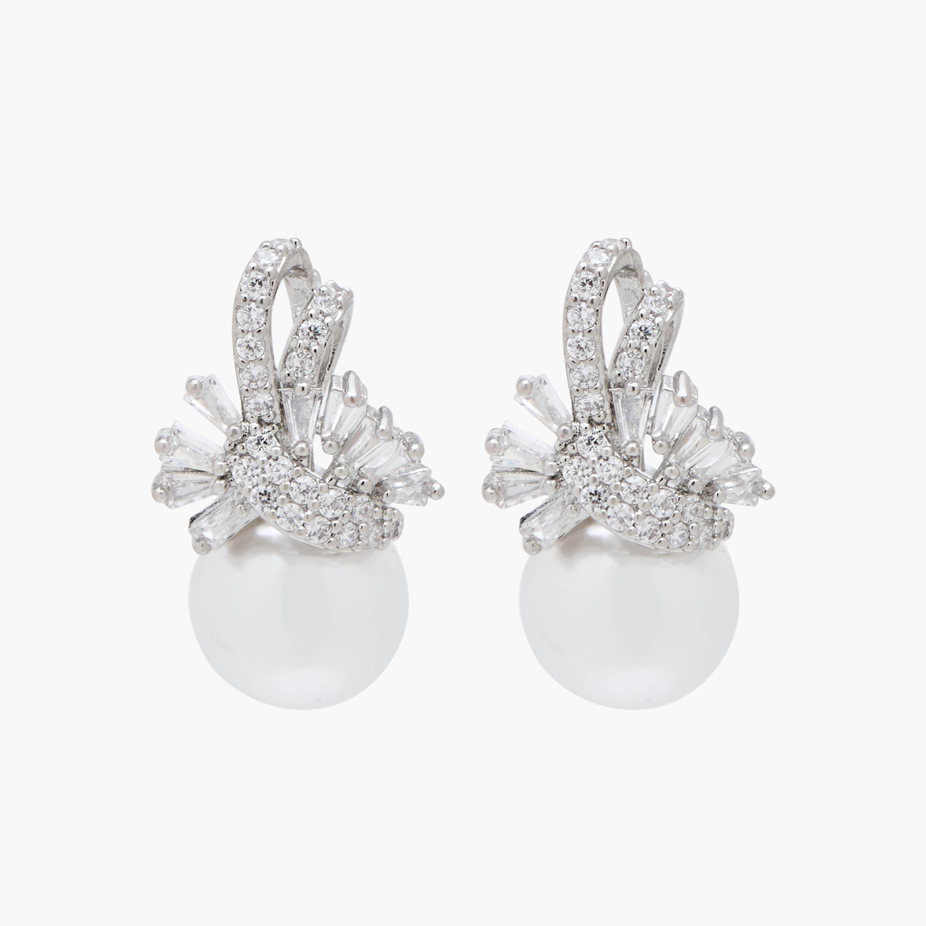 Silver Tone Cubic Zirconia Pearl Embellished Drop Earrings with Pushback Closure-women-watchesandjewellery-jewellery-earrings-image-1