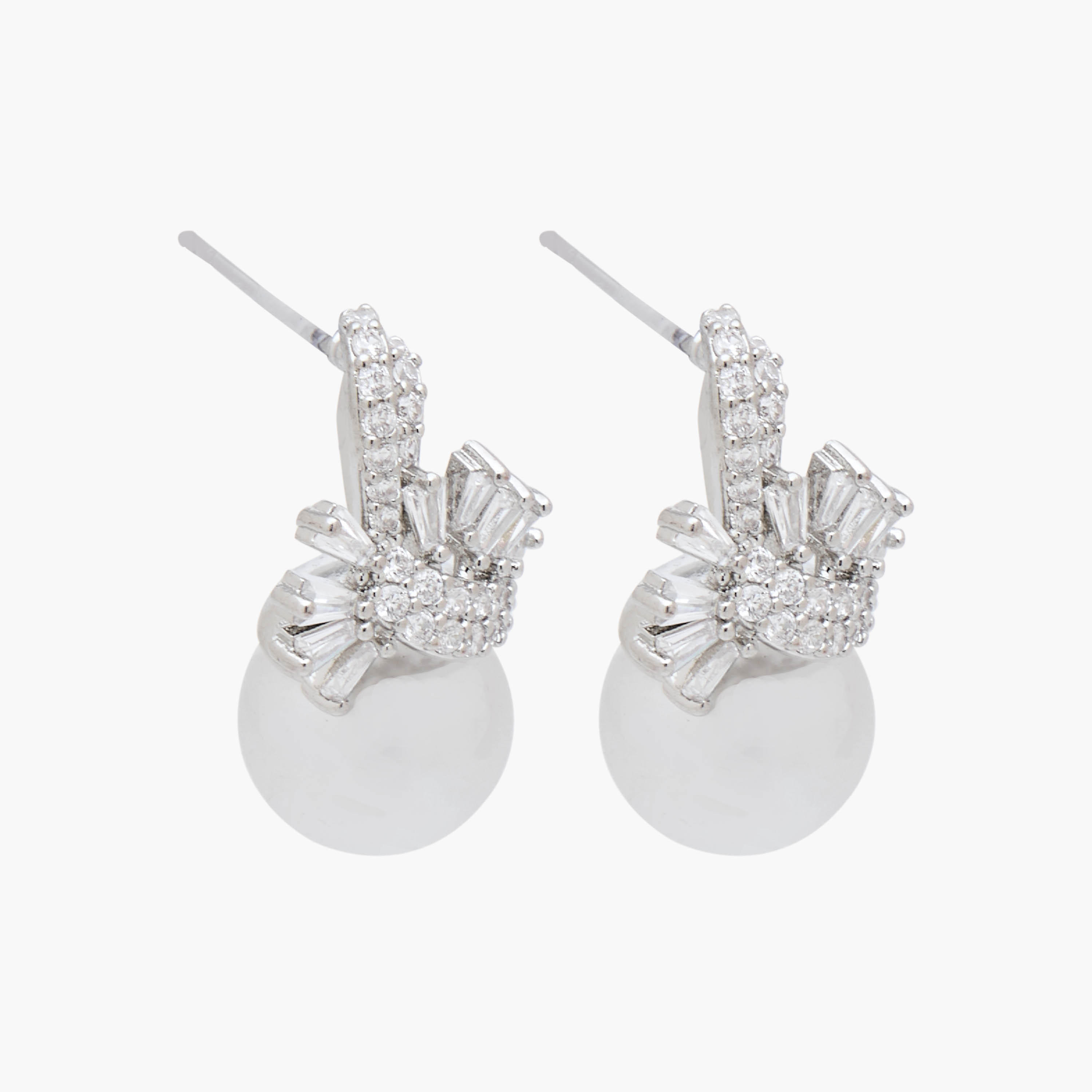 Silver Tone Cubic Zirconia Pearl Embellished Drop Earrings with Pushback Closure-women-watchesandjewellery-jewellery-earrings-image-2