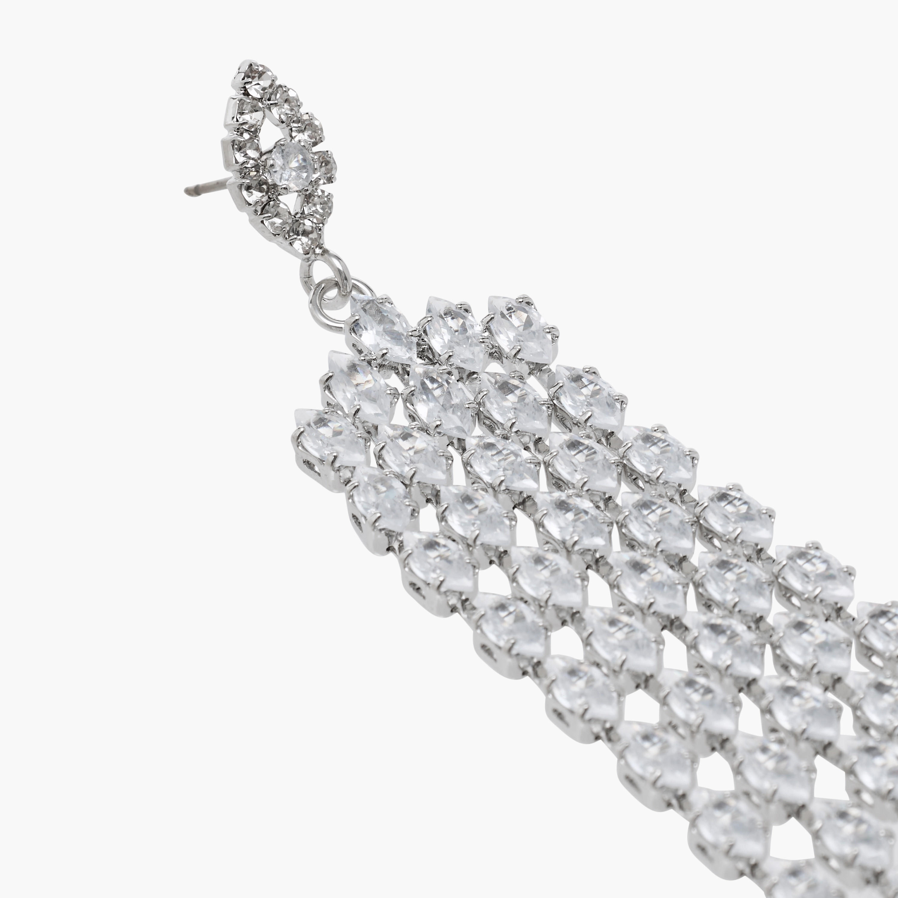 Silver Tone Cubic Zirconia Embellished Drop Earrings with Pushback Closure-women-watchesandjewellery-jewellery-earrings-image-3