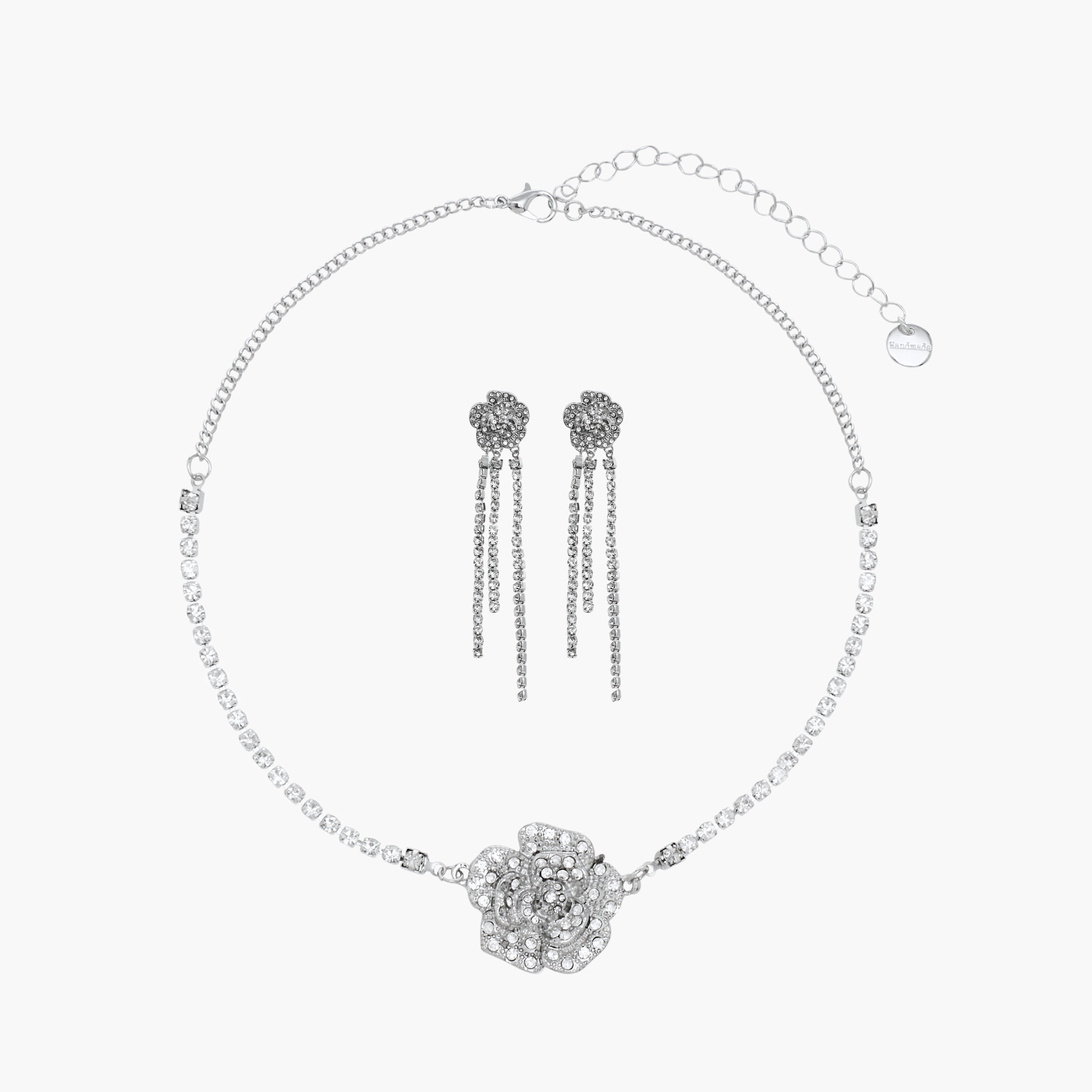 Set of 2 - Floral Embellished Metallic Necklace and Earrings-women-watchesandjewellery-jewellery-jewellerysets-image-1