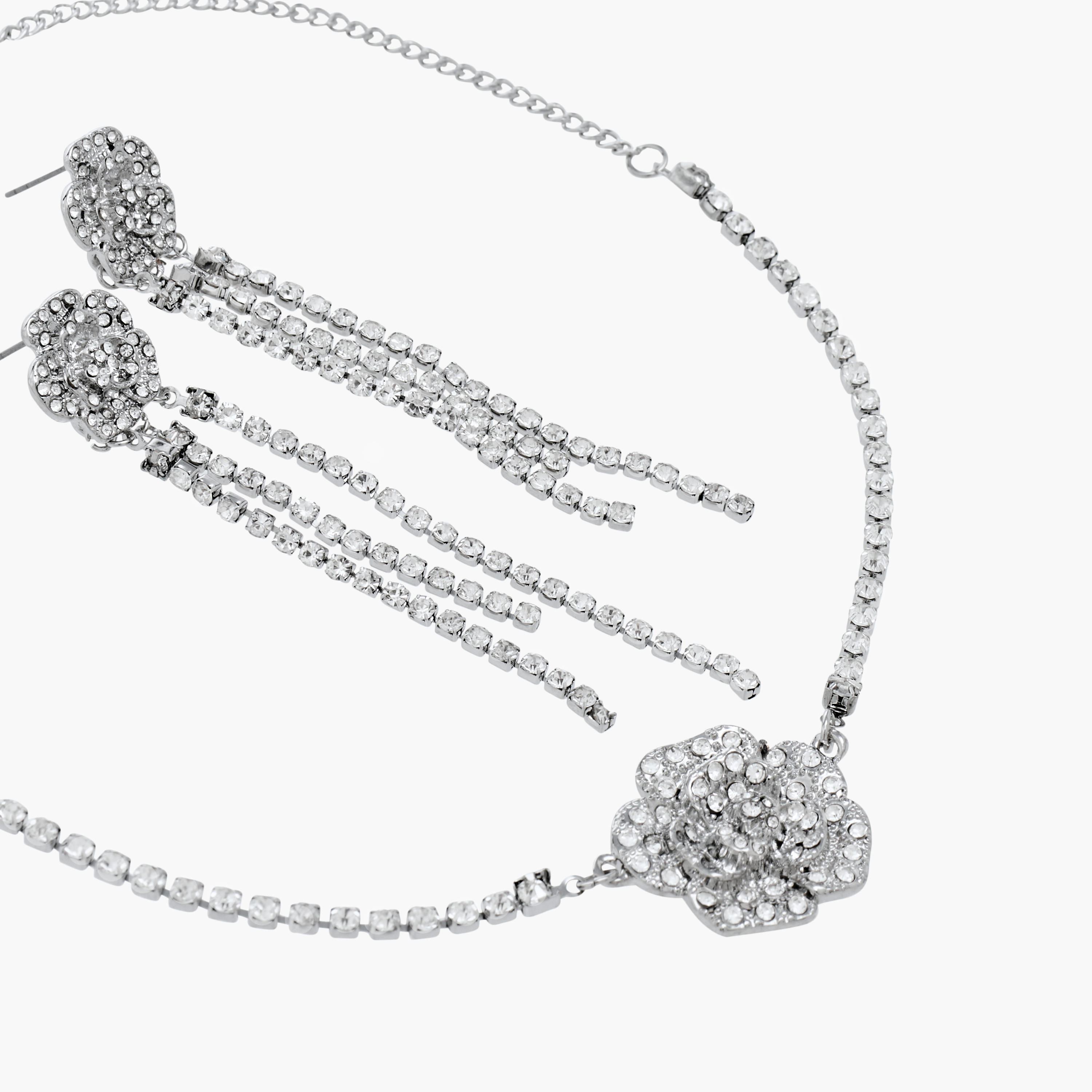 Set of 2 - Floral Embellished Metallic Necklace and Earrings-women-watchesandjewellery-jewellery-jewellerysets-image-4