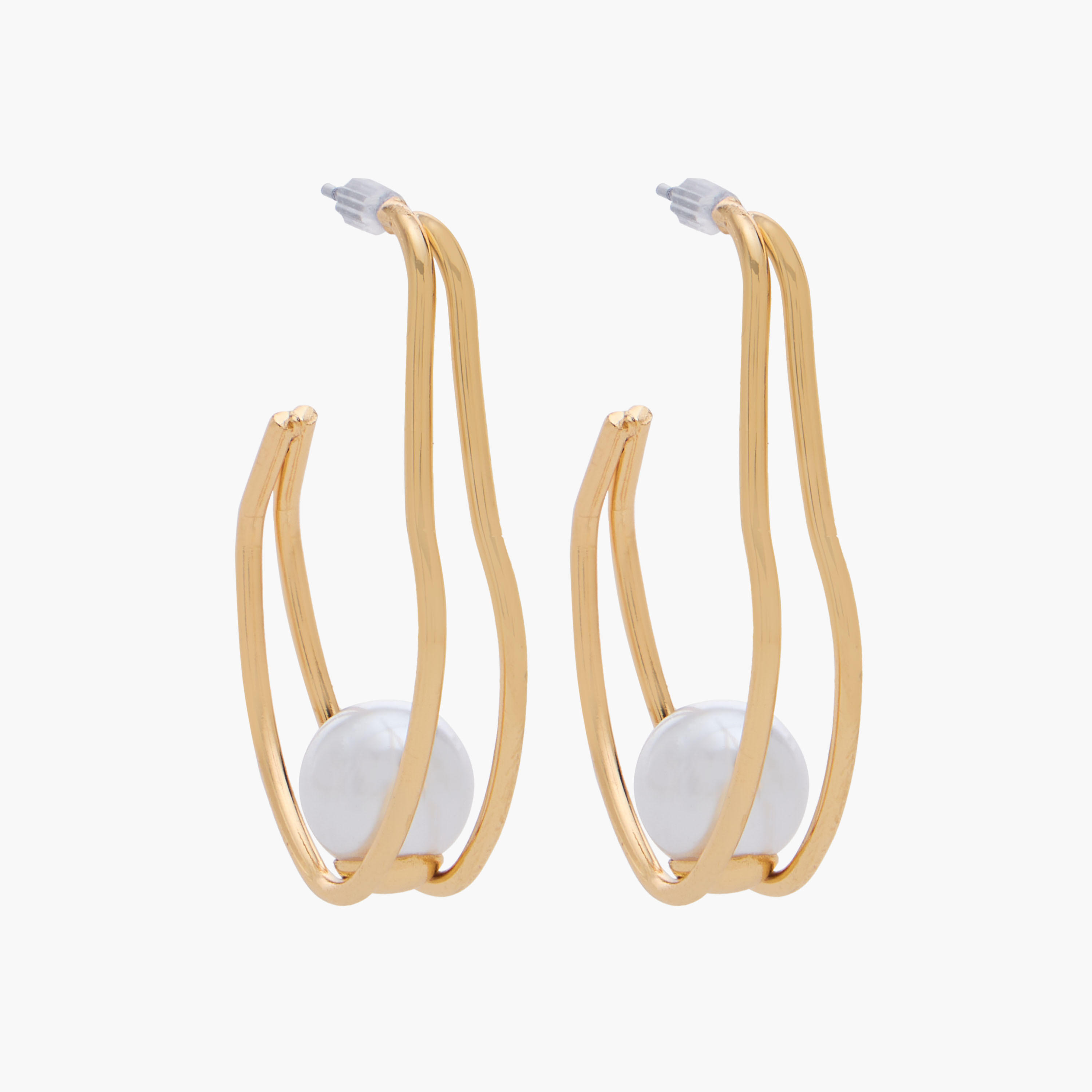 Metallic Pearl Embellished Hoop Earrings with Pushback Closure-women-watchesandjewellery-jewellery-earrings-image-2