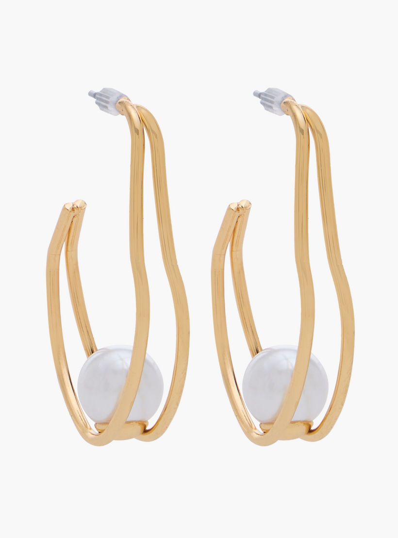 Metallic Pearl Embellished Hoop Earrings with Pushback Closure-women-watchesandjewellery-jewellery-earrings-image-2