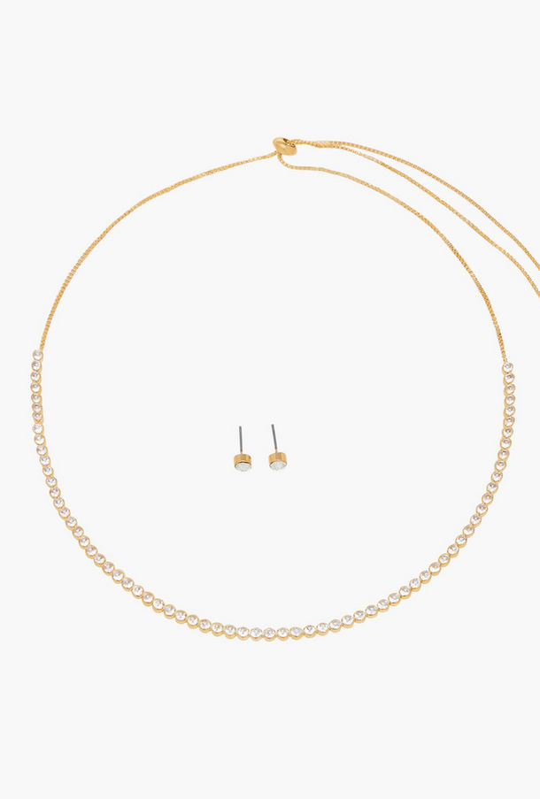 Set of 2 Stone Embellished Metal Metallic Necklace with Earrings-women-image-1