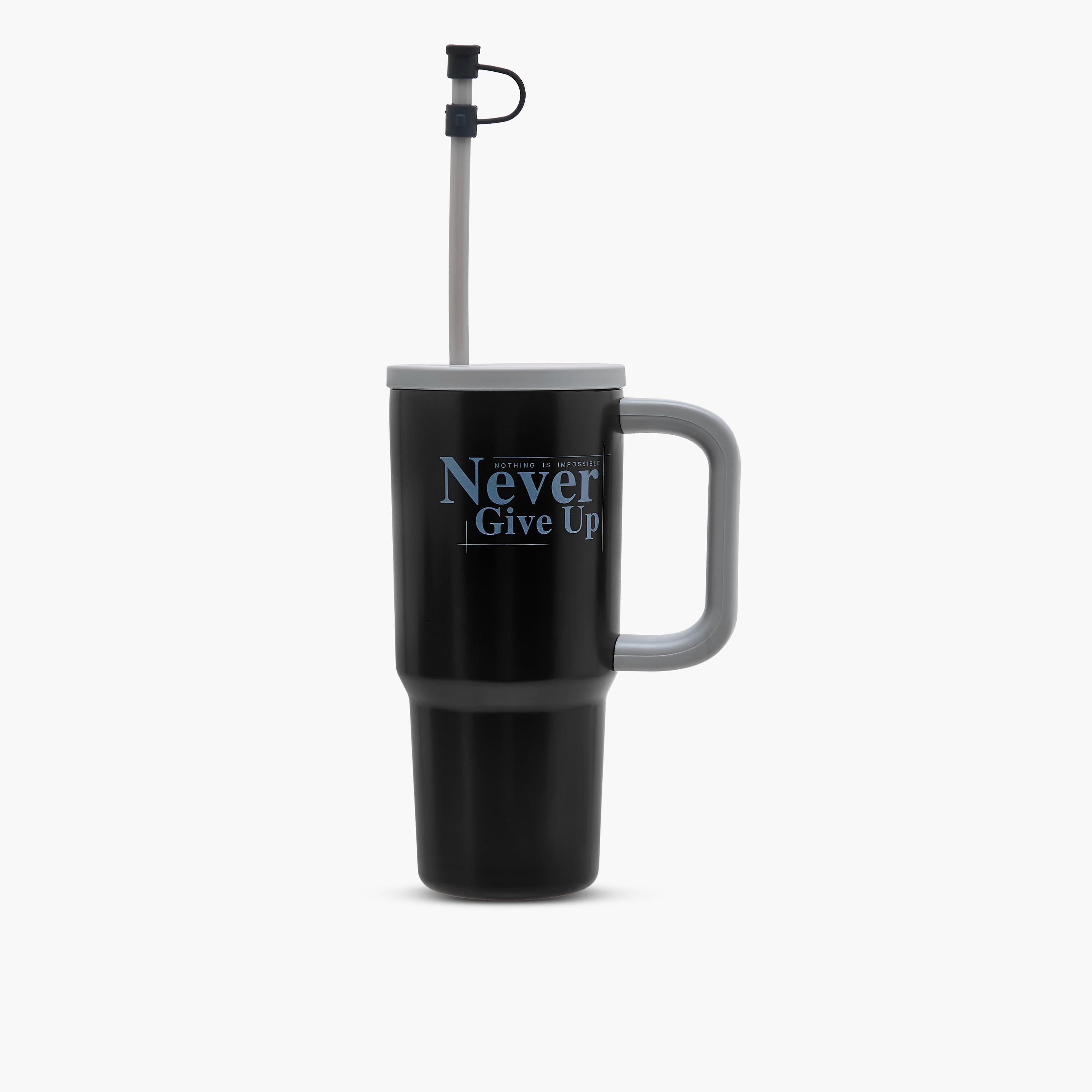 Slogan Print Stainless Steel Tumbler with Straw-household-dining-teaandcoffee-travelmugsandsippers-image-1