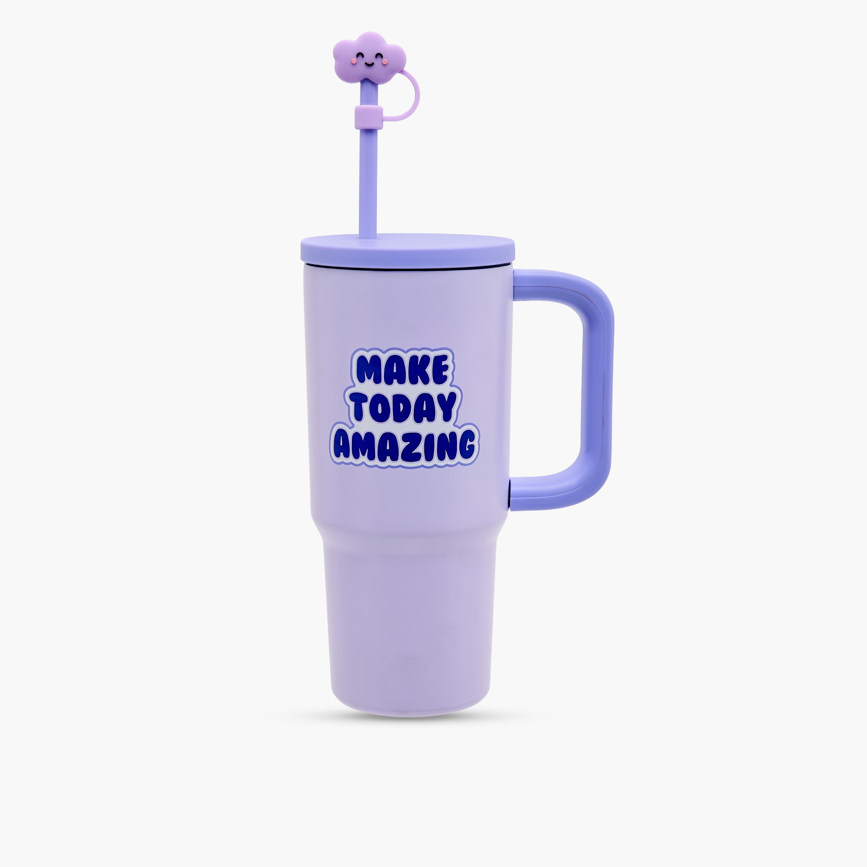 Slogan Print Stainless Steel Tumbler with Straw-household-dining-teaandcoffee-travelmugsandsippers-image-1