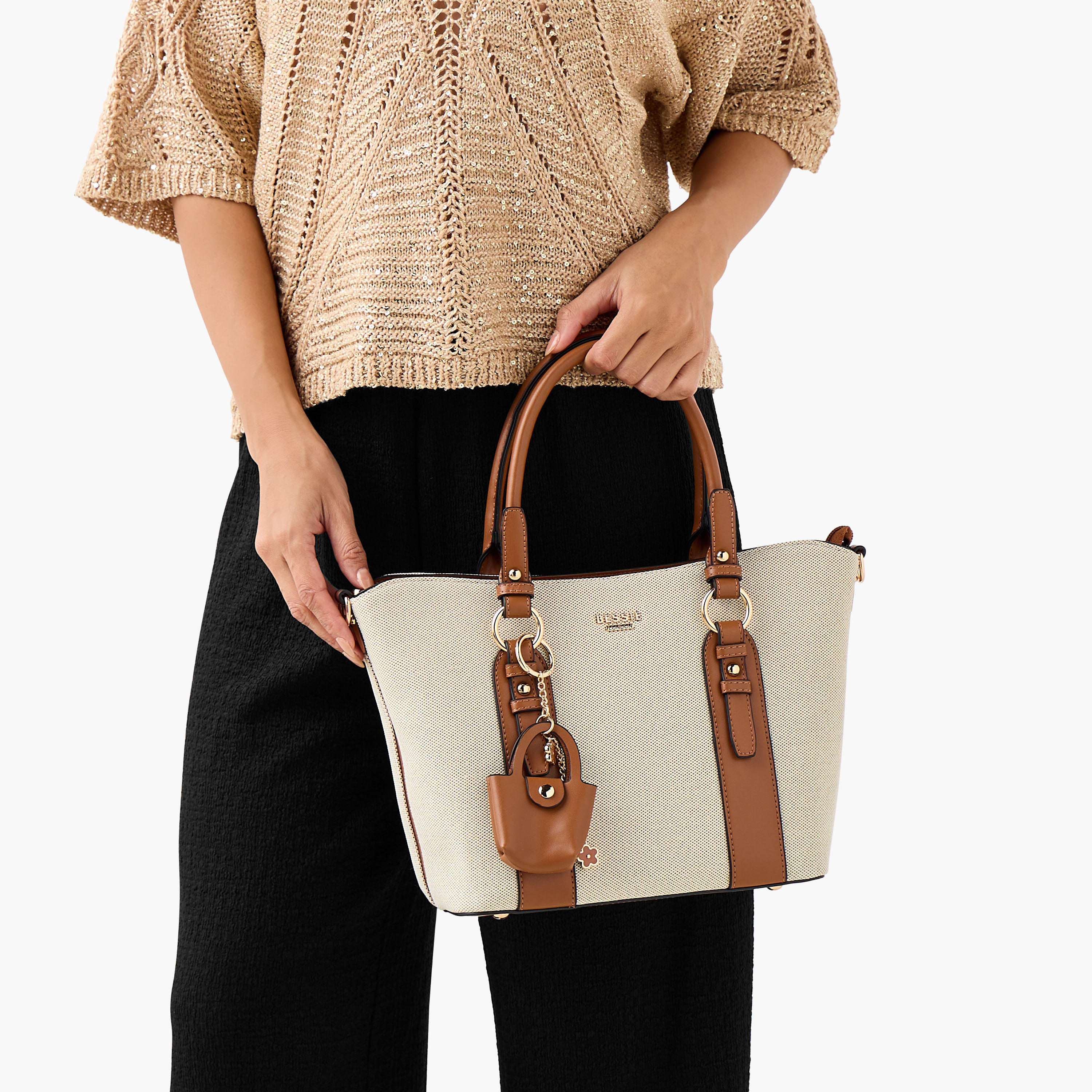 Bessie London Textured Tote Bag with Charm Detail-women-bagsandwallets-handbags-image-2