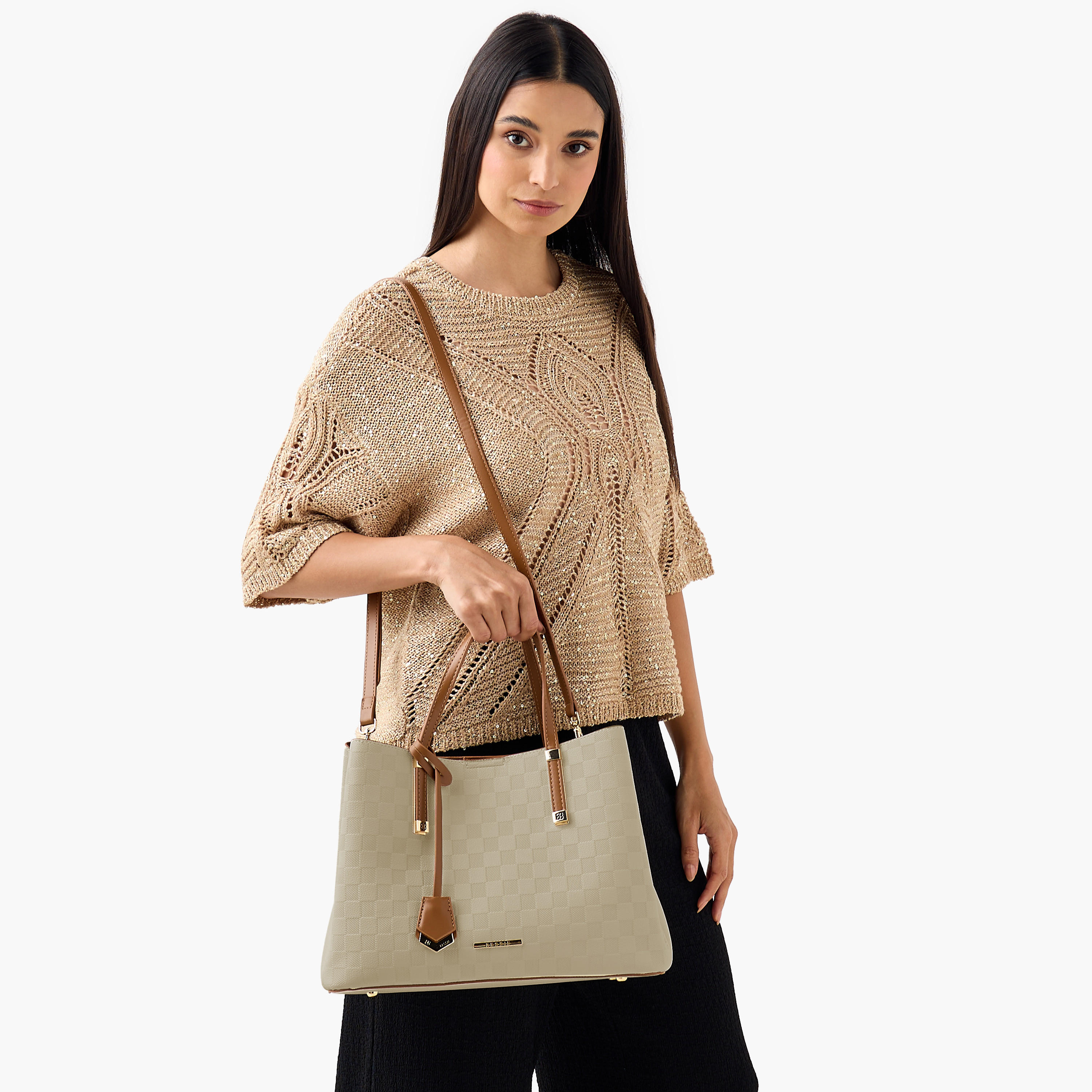Bessie London Checked Tote Bag with Detachable Strap-women-bagsandwallets-handbags-image-2