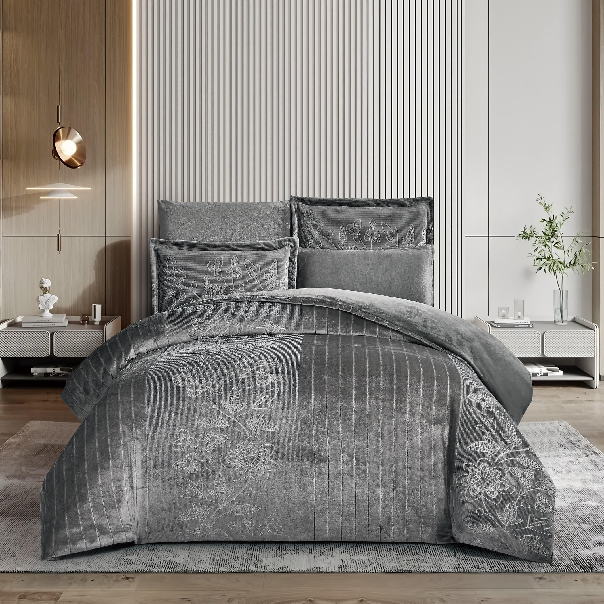 Embroidered Velvet Bedding Set Grey-household-bedding-comfortersandbedspreads-comforters-image-1
