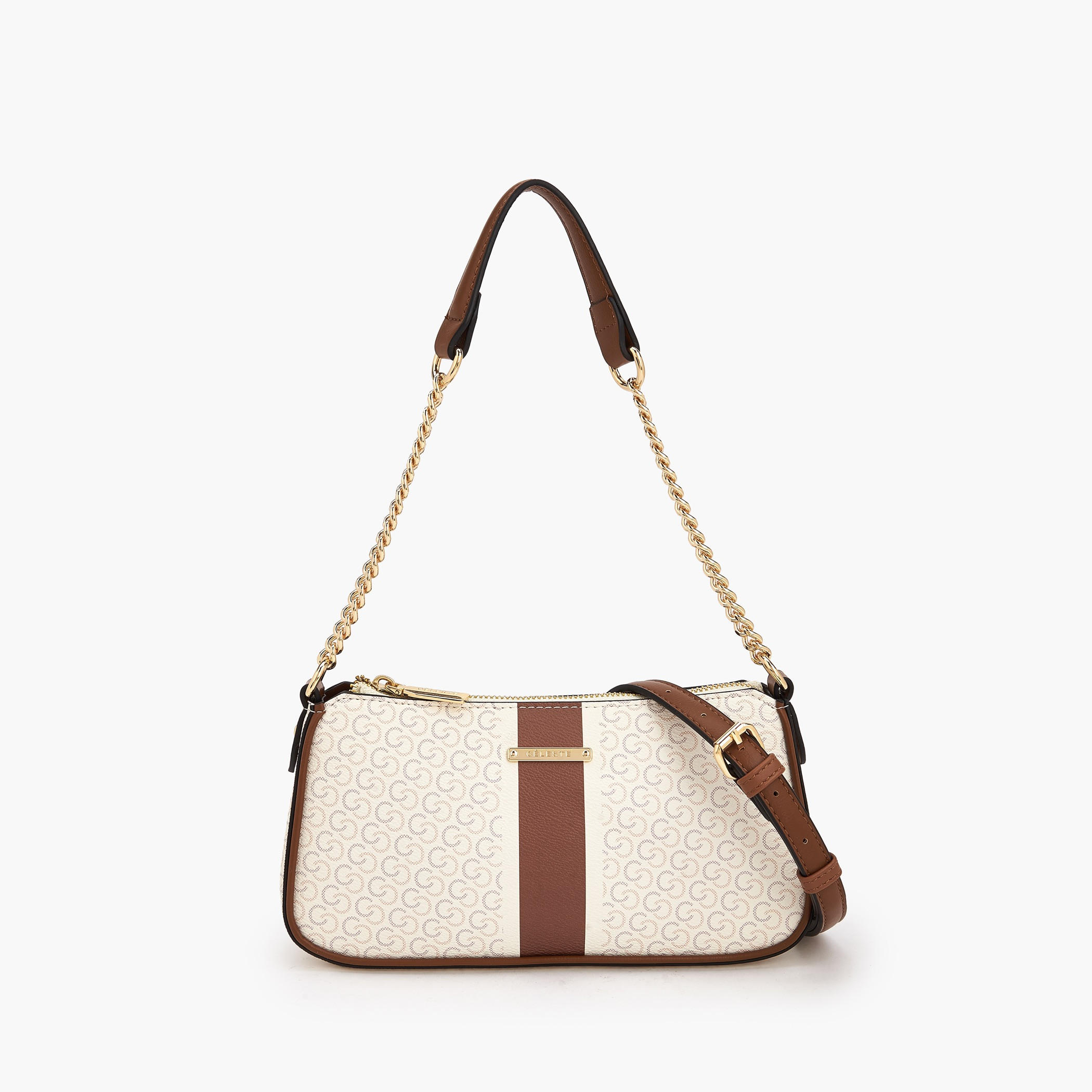 Celeste Monogram Print Shoulder Bag with Zip Closure-women-bagsandwallets-handbags-image-1