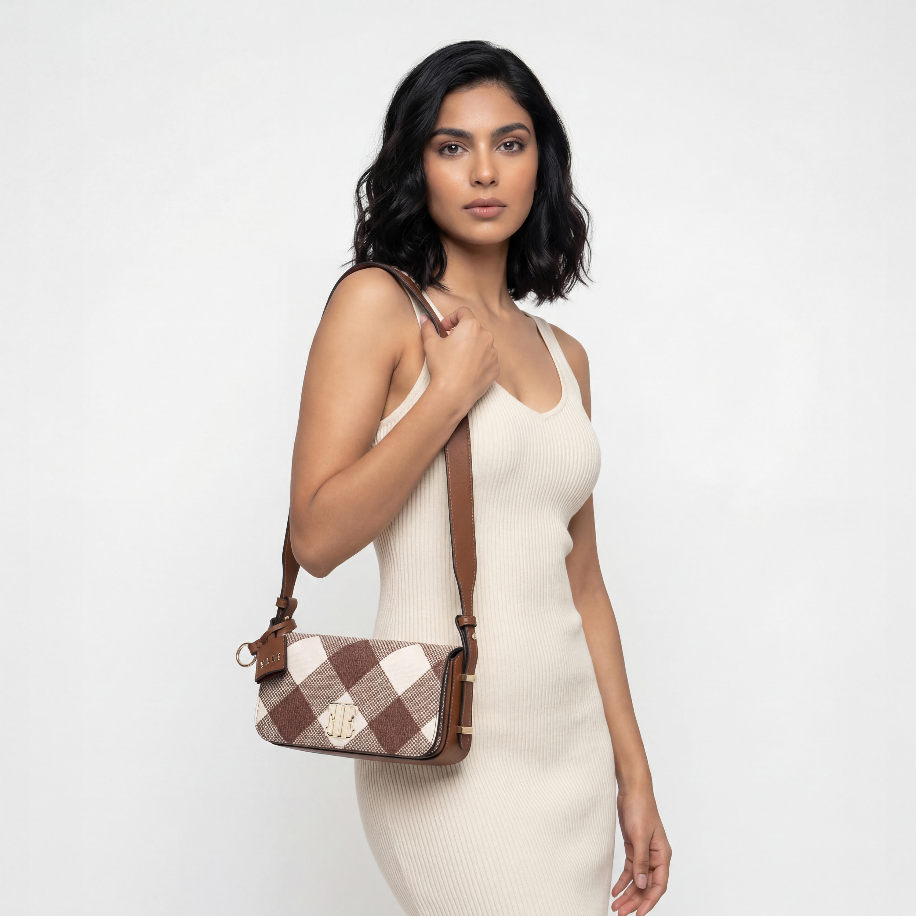 Elle Checked Shoulder Bag with Flap Closure-women-bagsandwallets-handbags-image-2