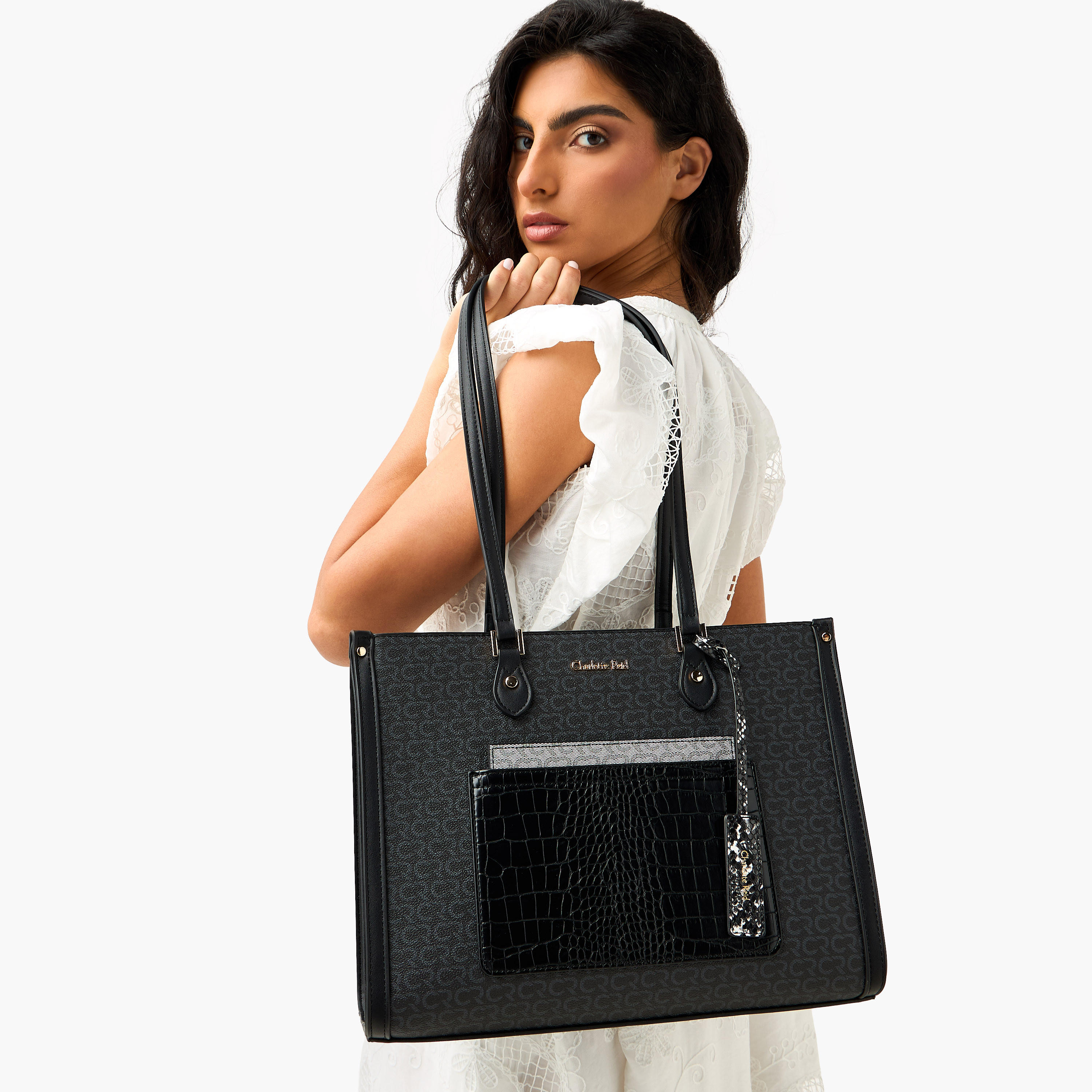 Charlotte Reid Monogram Print Tote Bag with Double Handle-women-bagsandwallets-handbags-image-2