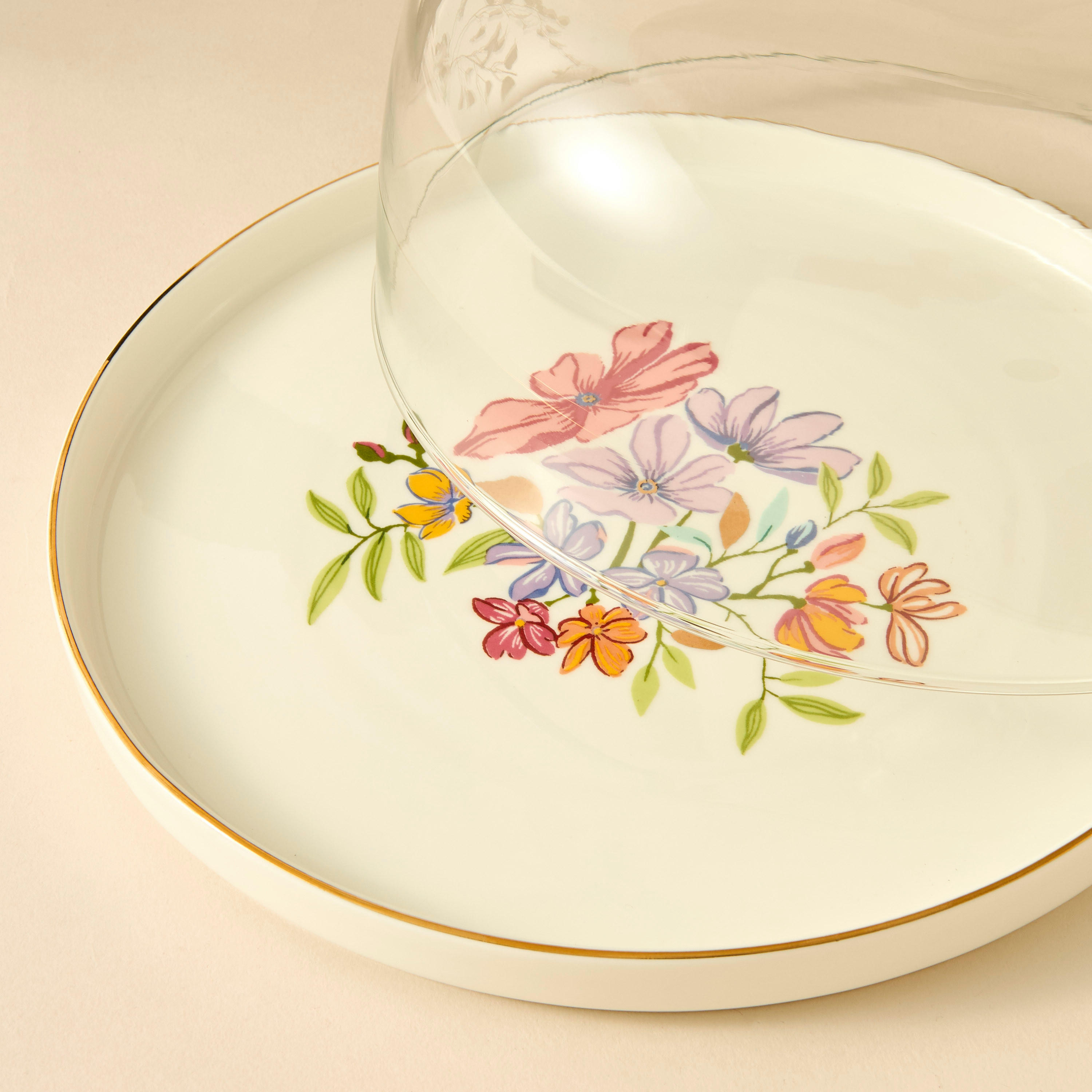 Summer Hot Flower Printed Ceramic Cake Platter with Dome Lid-household-dining-serveware-cakestands-image-3