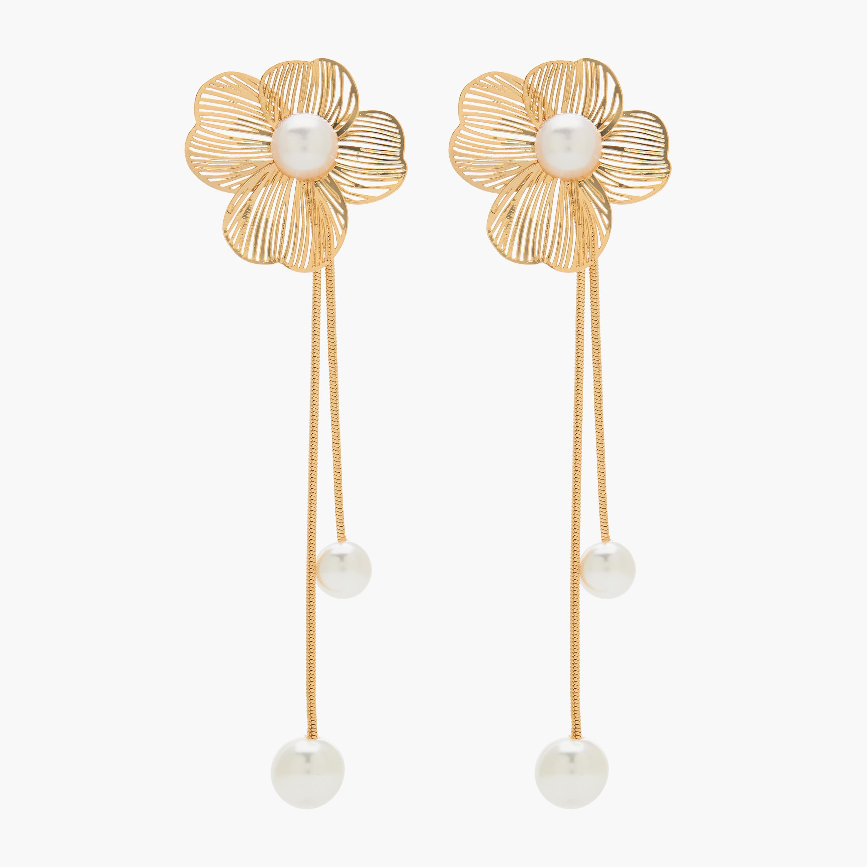 Gold Tone Pearl Embellished Drop Earrings with Pushback Closure-women-watchesandjewellery-jewellery-earrings-image-1