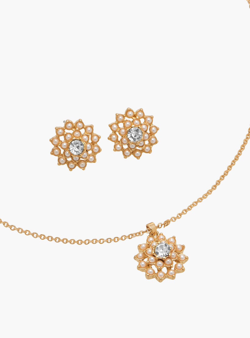 Set of 2 - Floral Pearl Pendant Necklace and Earrings-women-watchesandjewellery-jewellery-jewellerysets-image-3