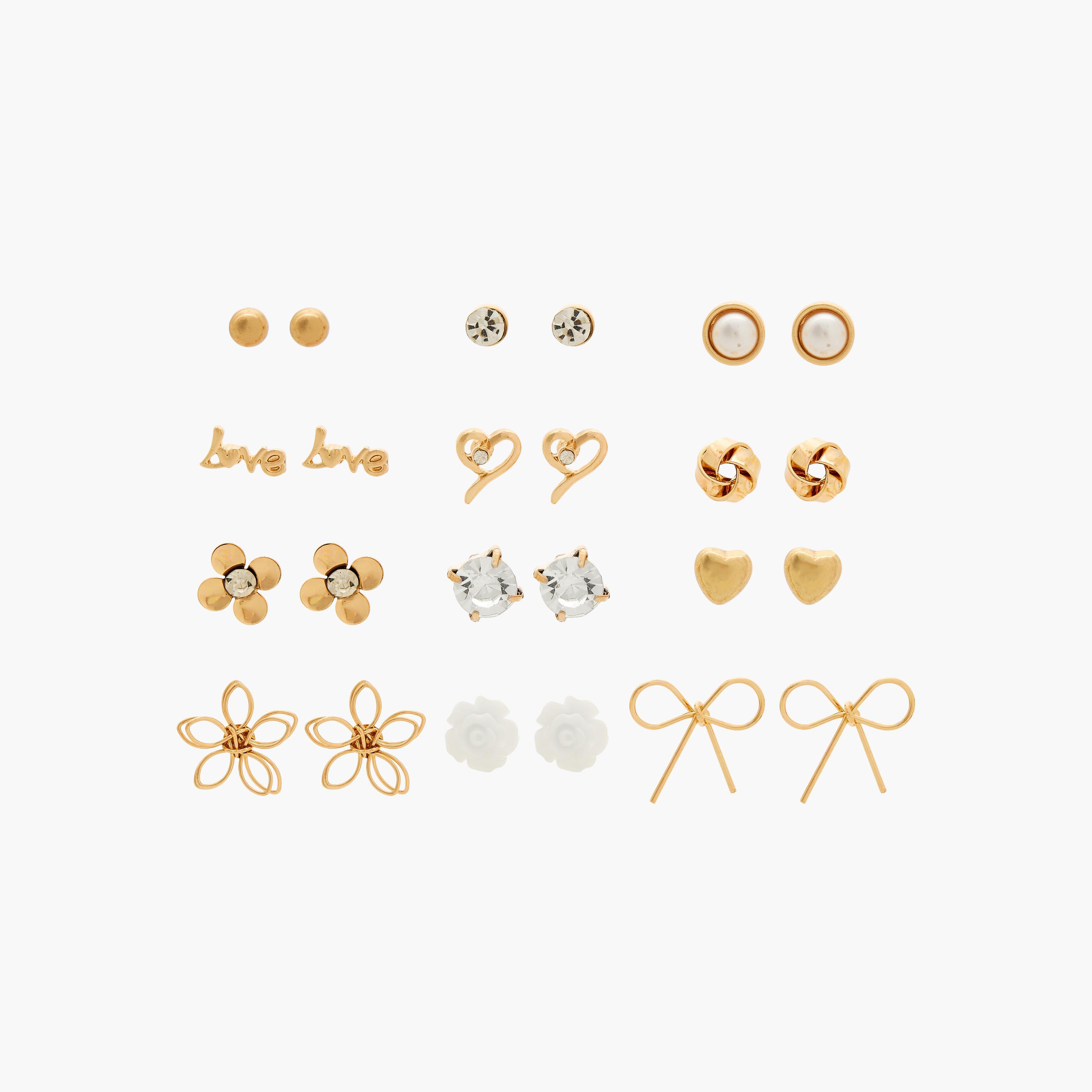 Pack of 12 Metallic Embellished Stud Earrings with Pushback Closure-women-watchesandjewellery-jewellery-earrings-image-1