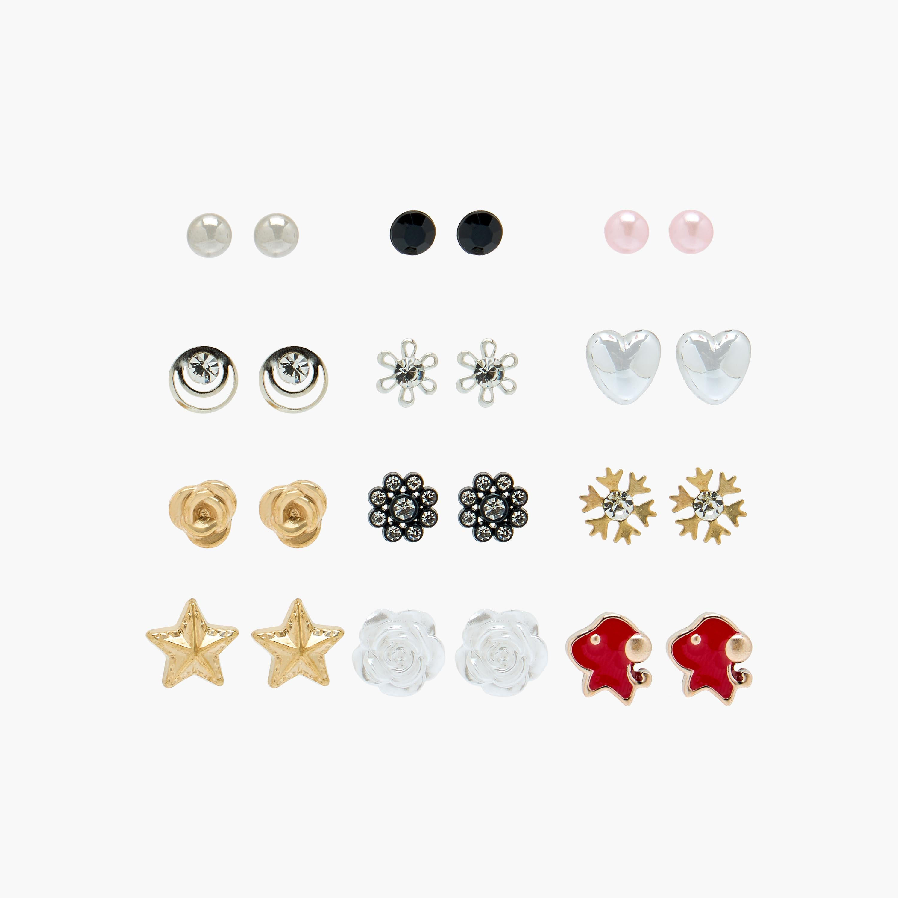 حلقان ميتاليك بمكبس إغلاق خلفي - طقم 12 زوج-women-watchesandjewellery-jewellery-earrings-image-1