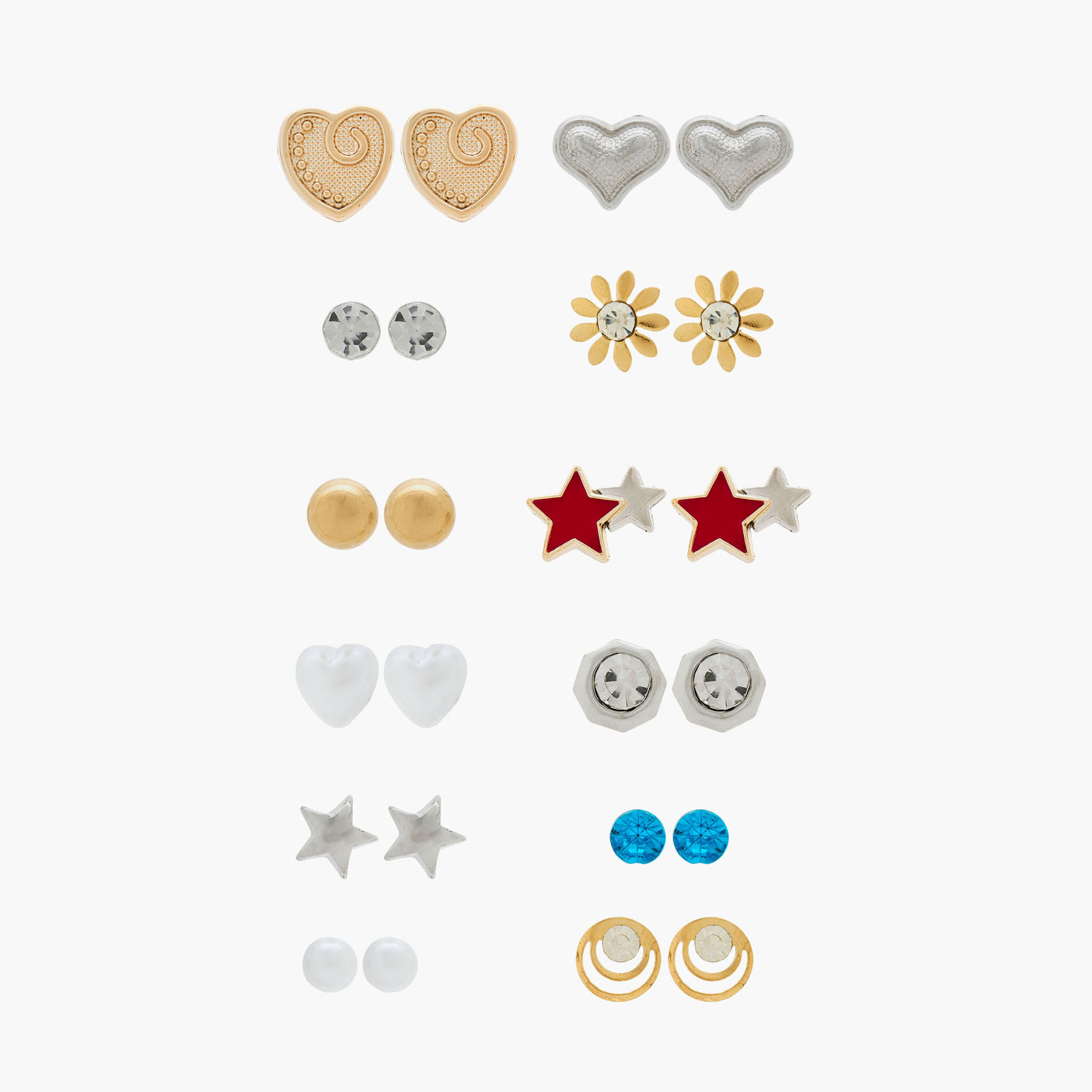 Pack of 12 Metallic Embellished Stud Earrings with Pushback Closure-women-watchesandjewellery-jewellery-earrings-image-1