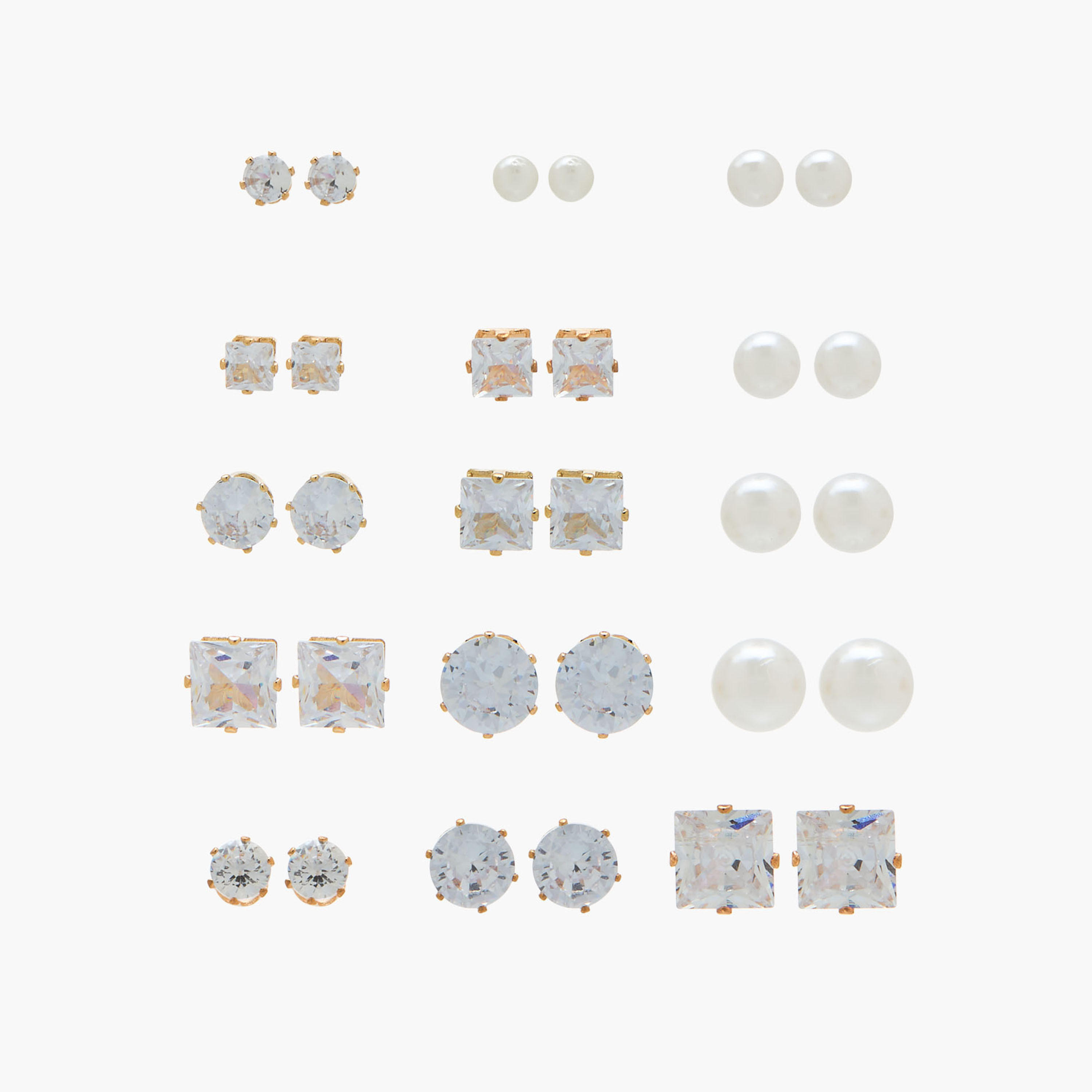 Pack of 18 Metallic Embellished Stud Earrings with Pushback Closure-women-watchesandjewellery-jewellery-earrings-image-1