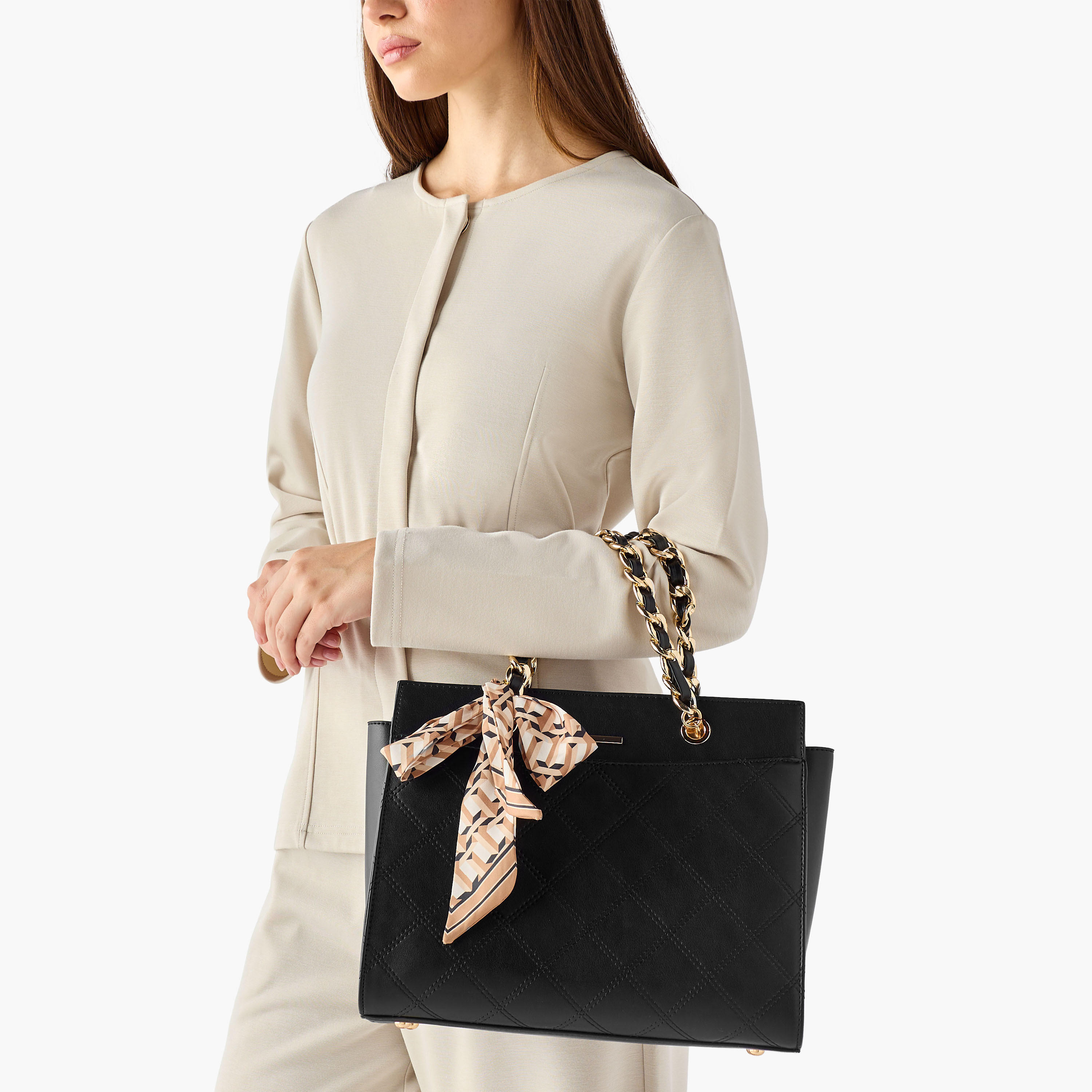Sasha Jul Quilted Tote Bag with Scarf Accent and Detachable Shoulder Strap-women-bagsandwallets-handbags-image-2