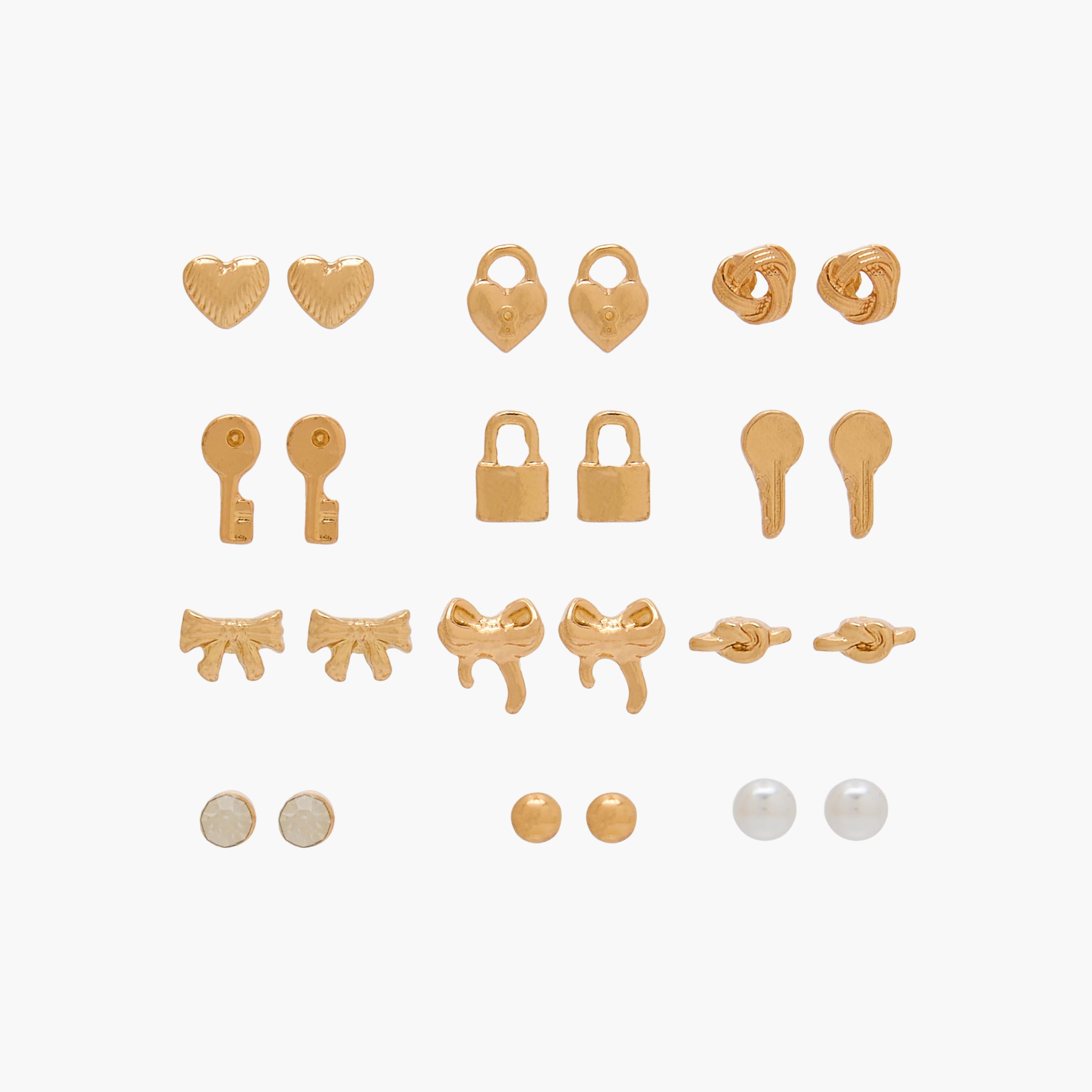 Pack of 12 Assorted Gold Tone Stud Earrings with Pushback Closure-women-watchesandjewellery-jewellery-earrings-image-1