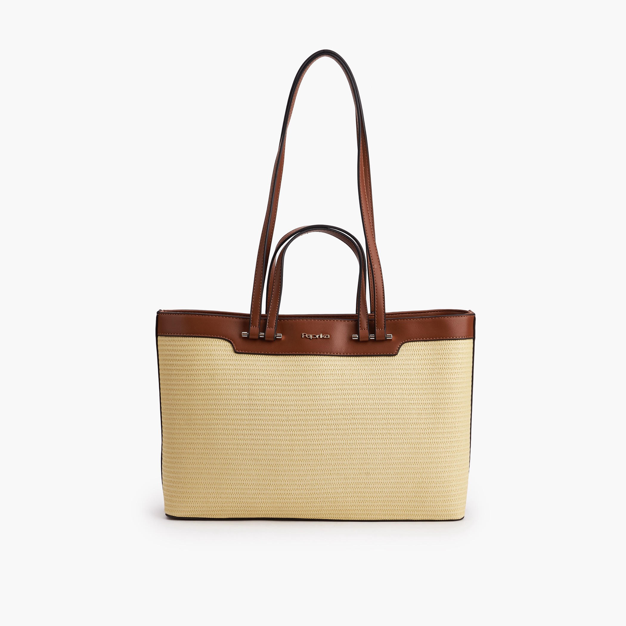 Paprika Woven Detail Tote Bag with Double Handle-women-bagsandwallets-handbags-image-1