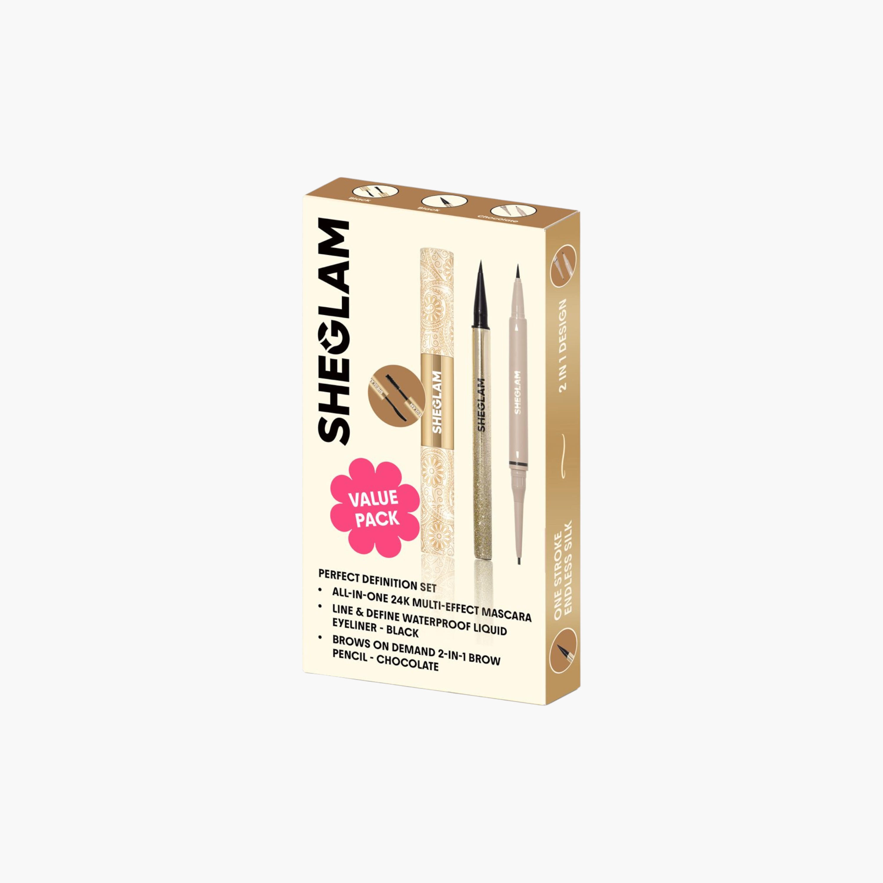 Sheglam Brows on Demand 2-in-1 Brow Pencil - Chocolate + Sheglam All-In-One 24k Multi-Effect Mascara + Sheglam Line & Define Waterproof Liquid Eyeliner - Black-beautyandpersonalcare-makeup-eyes-mascaras-image-1