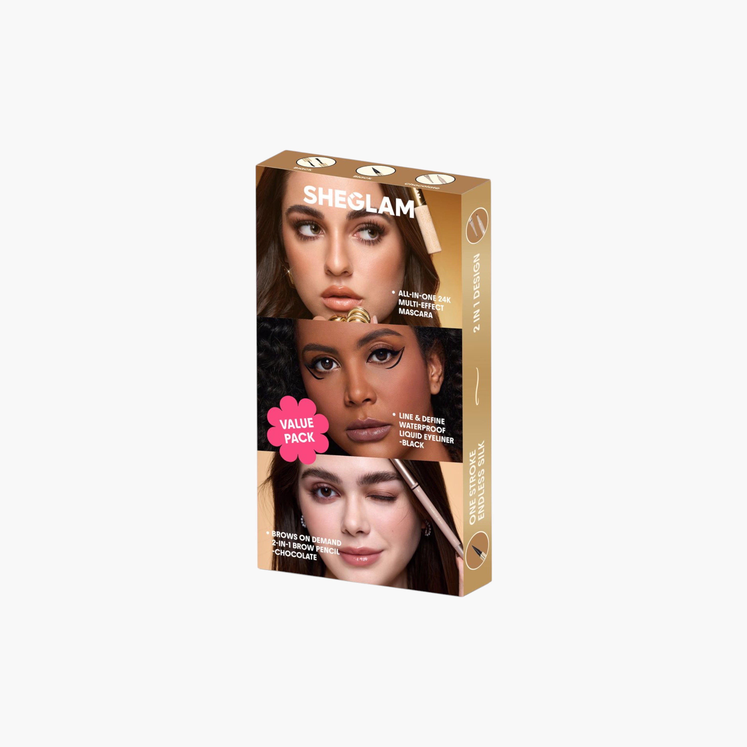 Sheglam Brows on Demand 2-in-1 Brow Pencil - Chocolate + Sheglam All-In-One 24k Multi-Effect Mascara + Sheglam Line & Define Waterproof Liquid Eyeliner - Black-beautyandpersonalcare-makeup-eyes-mascaras-image-2