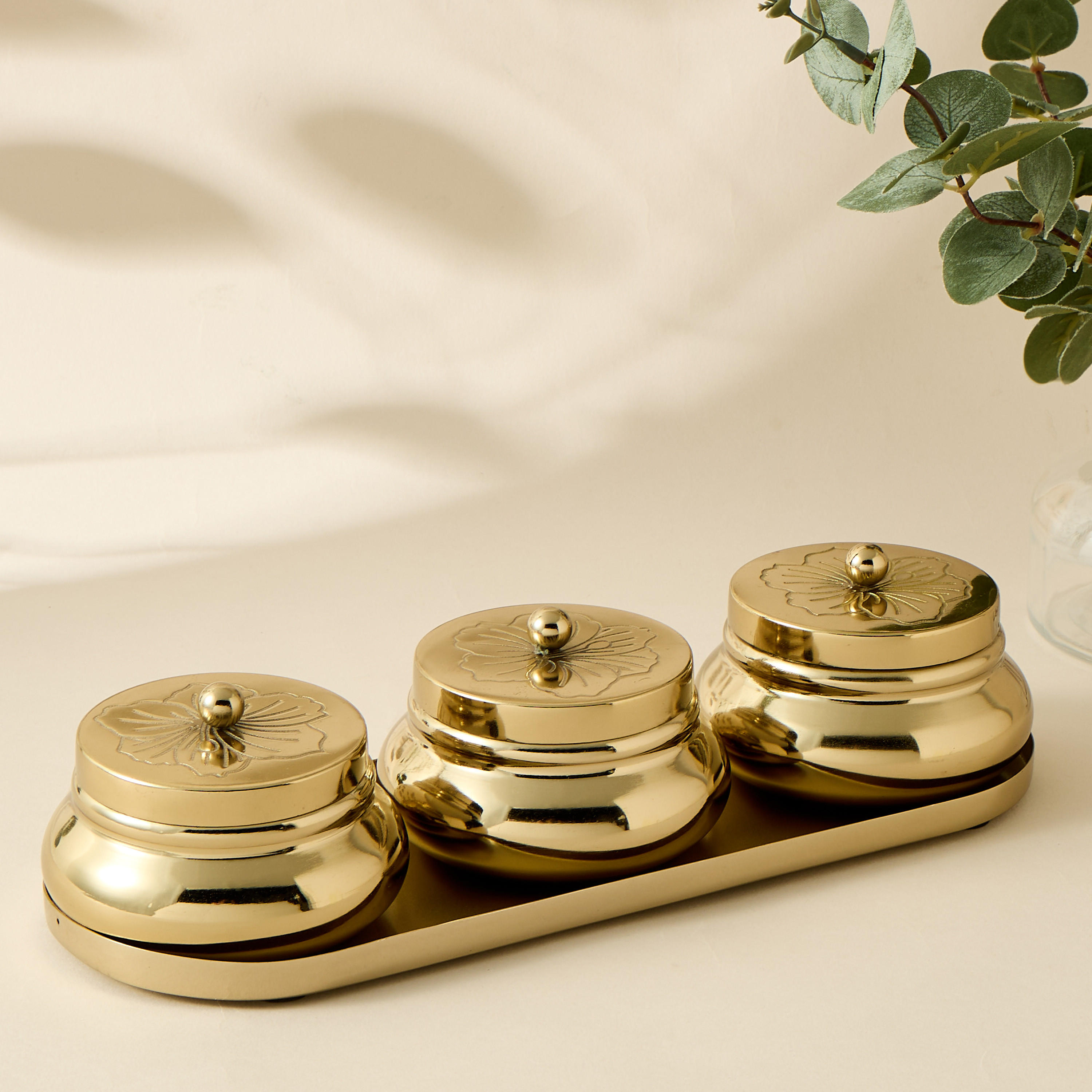 Hibiscus Engraved 3-Piece Jar Set with Tray-household-dining-serveware-chipsanddip-image-1