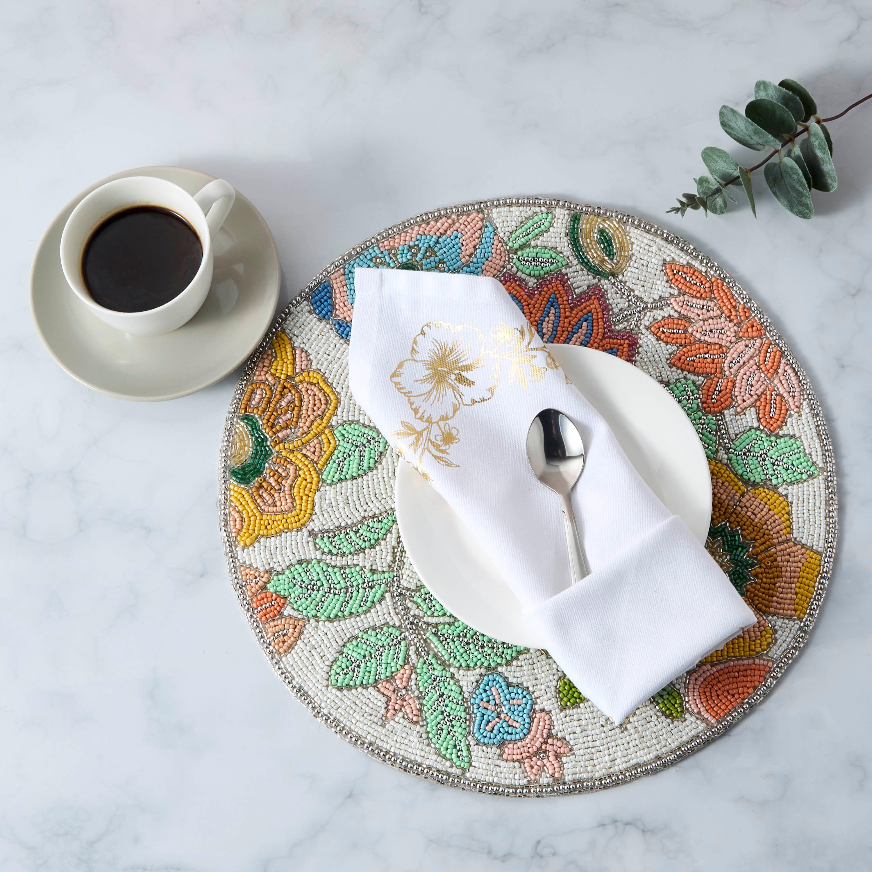 Floral Beaded Round Placemat - 36 cms-household-dining-tablelinen-placemats-image-2