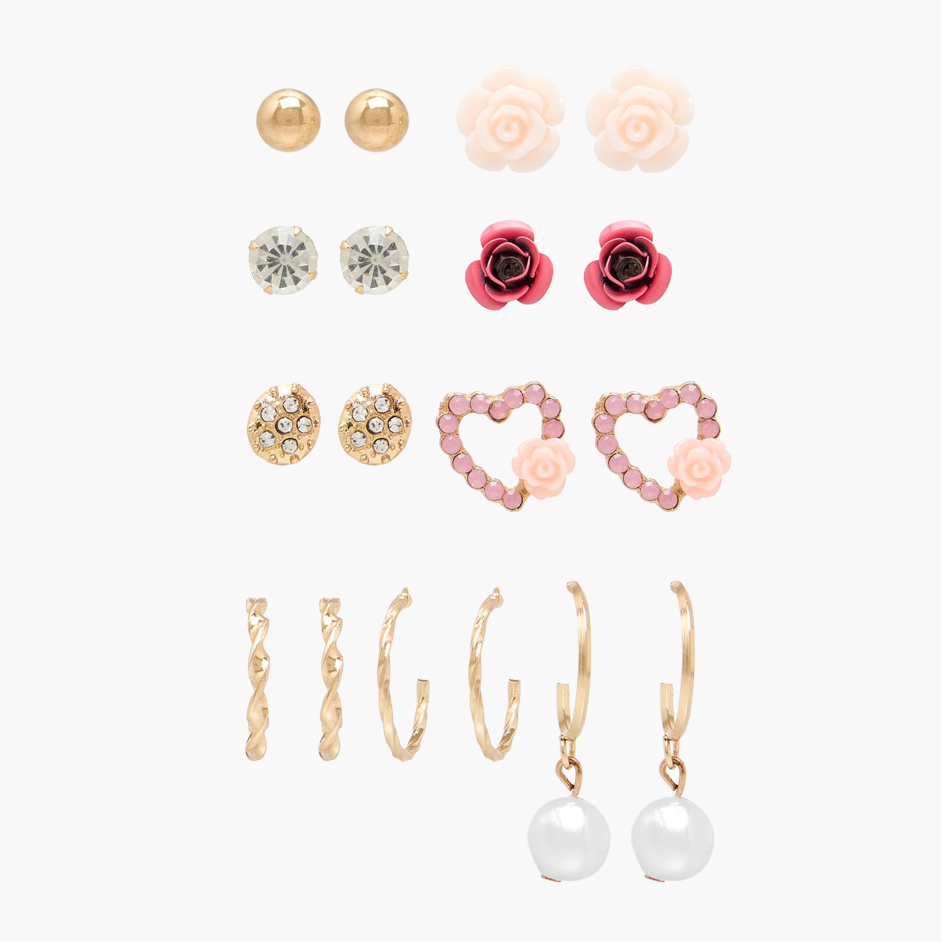 Pack of 9 Gold Tone Embellished Earrings with Pushback Closure-women-watchesandjewellery-jewellery-earrings-image-1