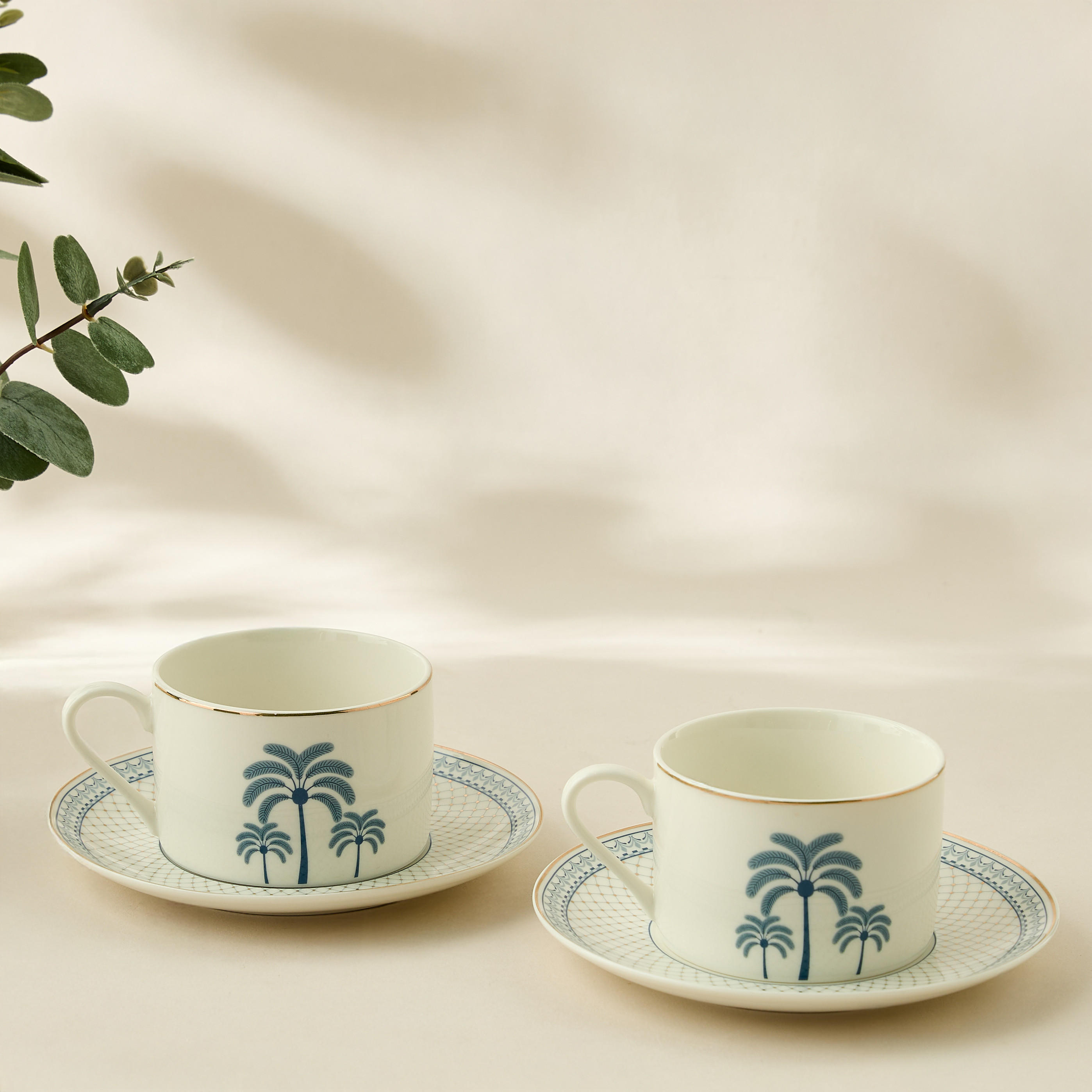 Palm Tree Print 4-Piece Bone China Cup and Saucer Set - 200 ml-household-dining-teaandcoffee-teaandcoffeesets-image-1