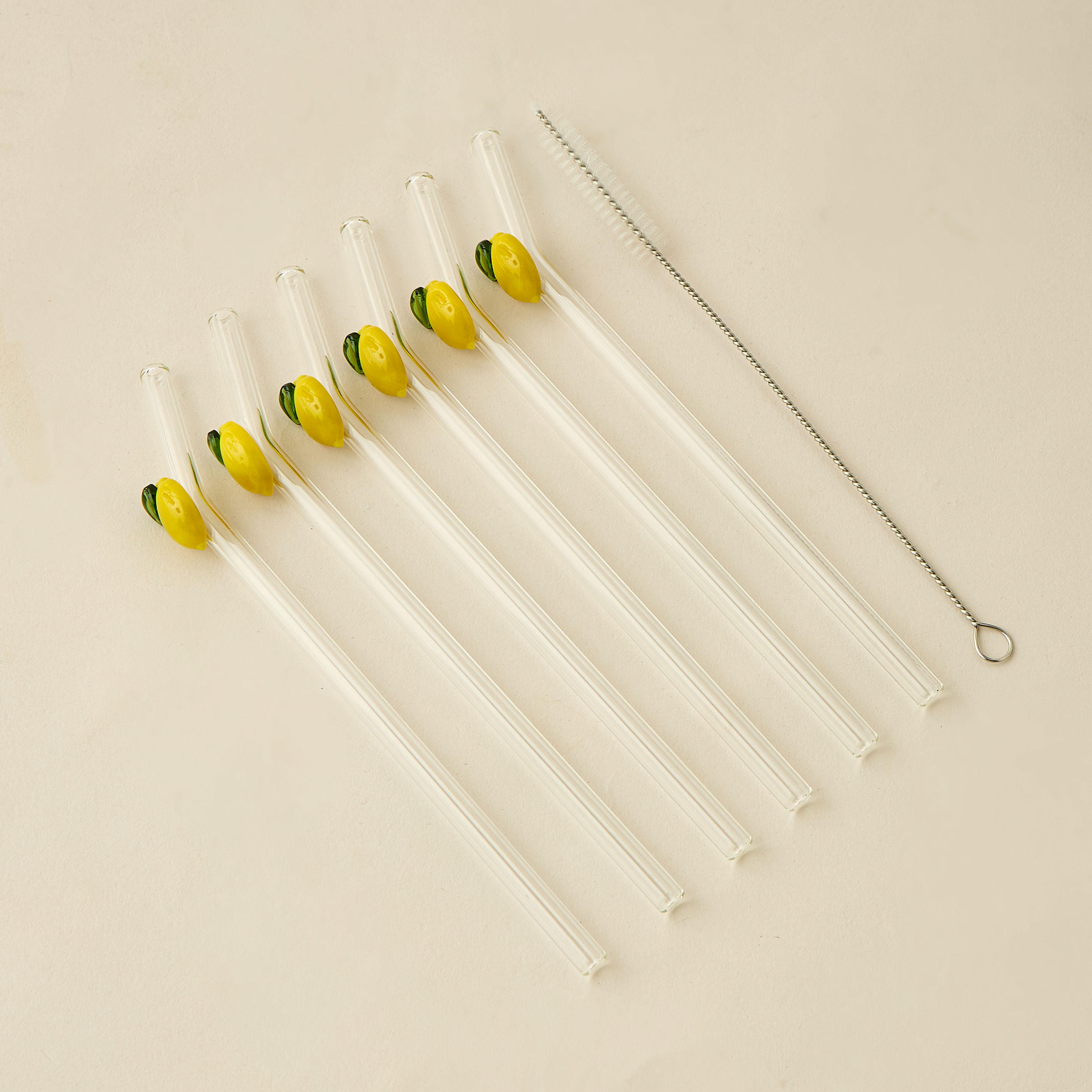 Floral Accent 7-Piece Glass Straw and Cleaning Brush Set-household-dining-glassware-drinkingglasses-image-1