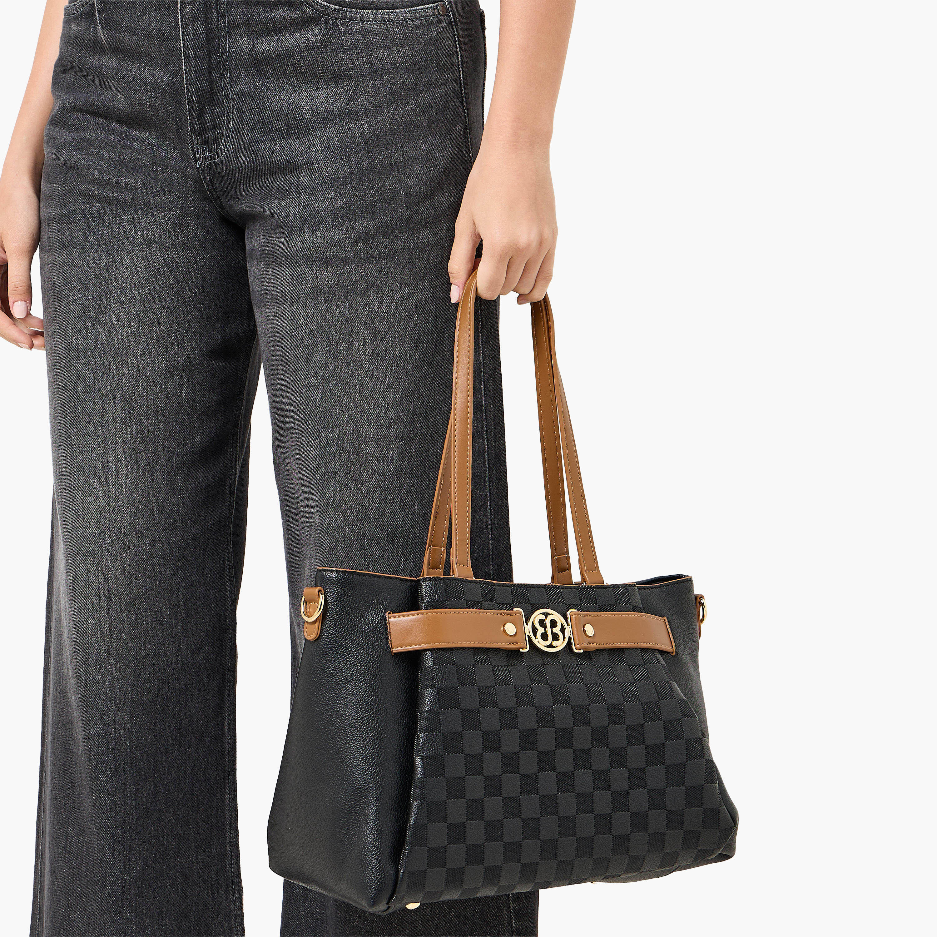 Bessie London Checked Tote Bag with Detachable Strap-women-bagsandwallets-handbags-image-2