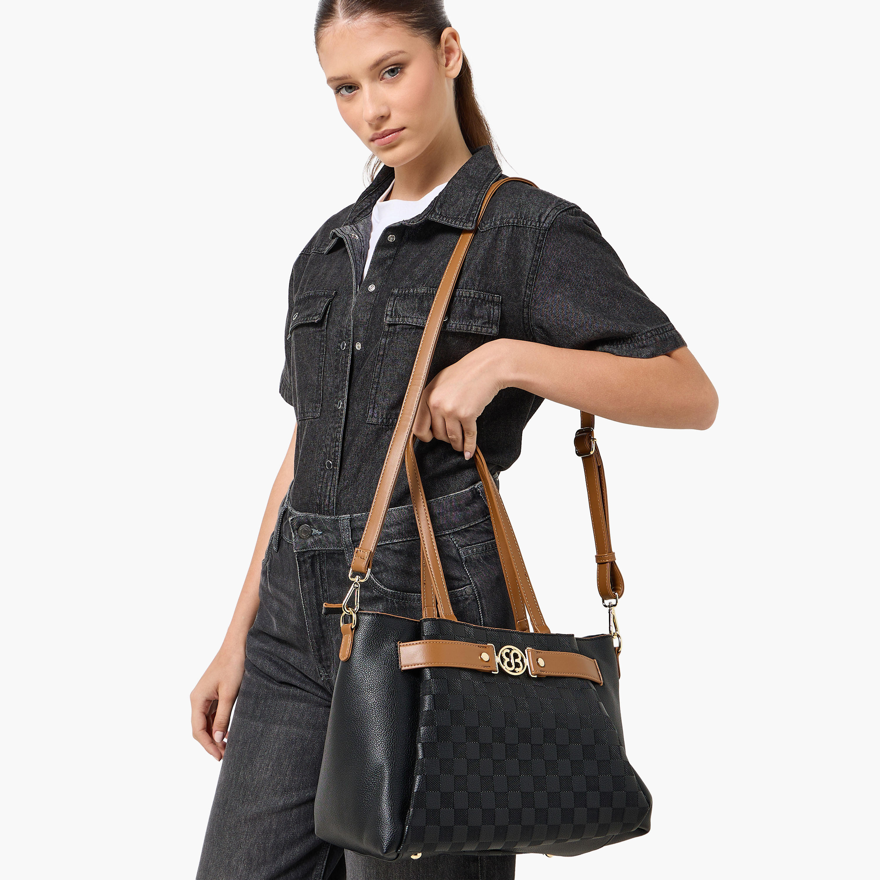 Bessie London Checked Tote Bag with Detachable Strap-women-bagsandwallets-handbags-image-8