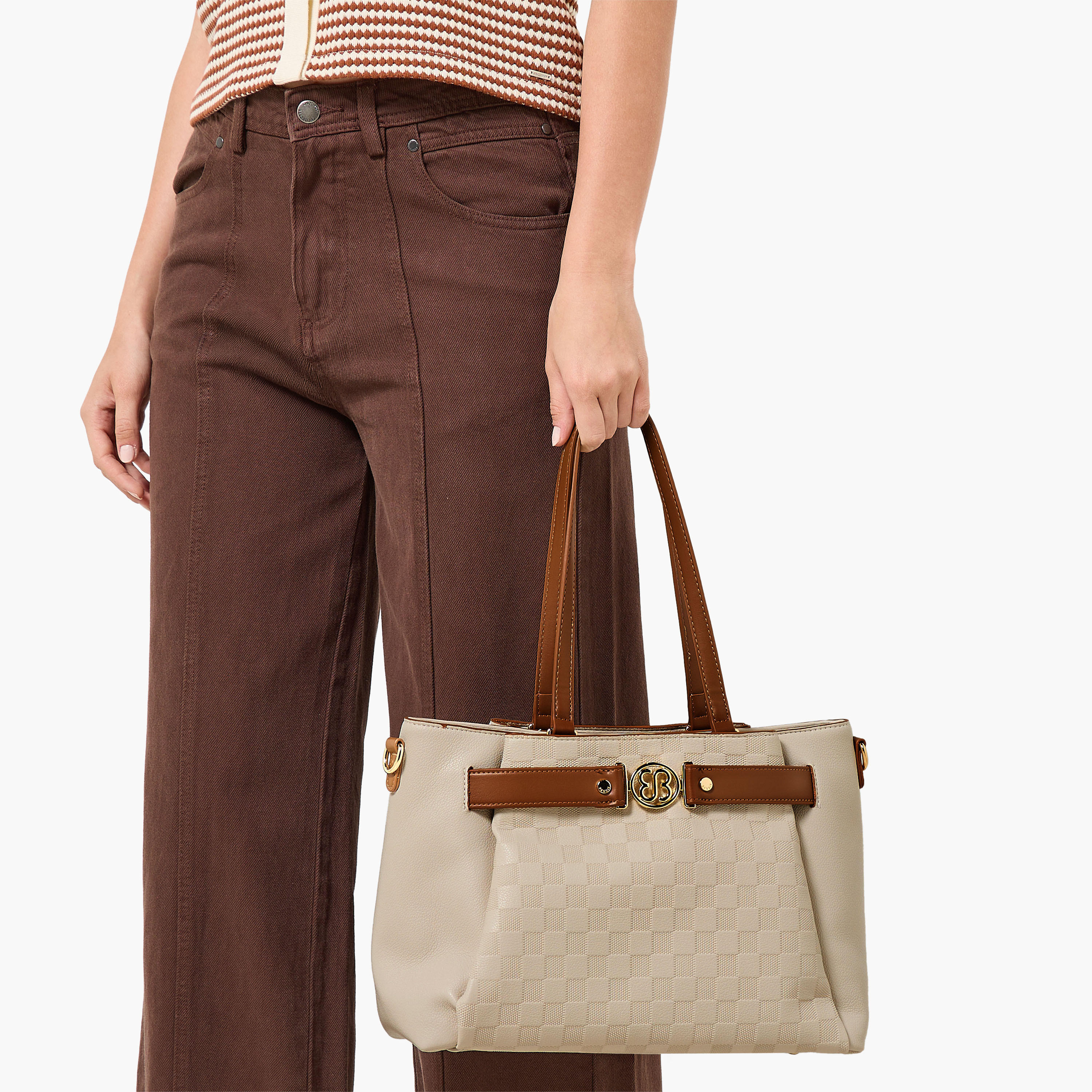 Bessie London Checked Tote Bag with Detachable Strap-women-bagsandwallets-handbags-image-2